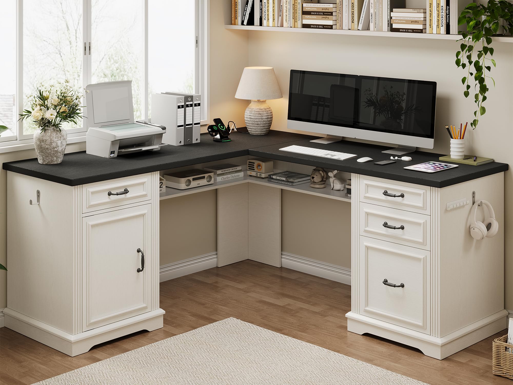 Jocoevol L-Shaped Executive Desk with Drawers, 59" Farmhouse Home Office Desk with File Cabinet, Computer Desk with Charging Station & Headphone Hook