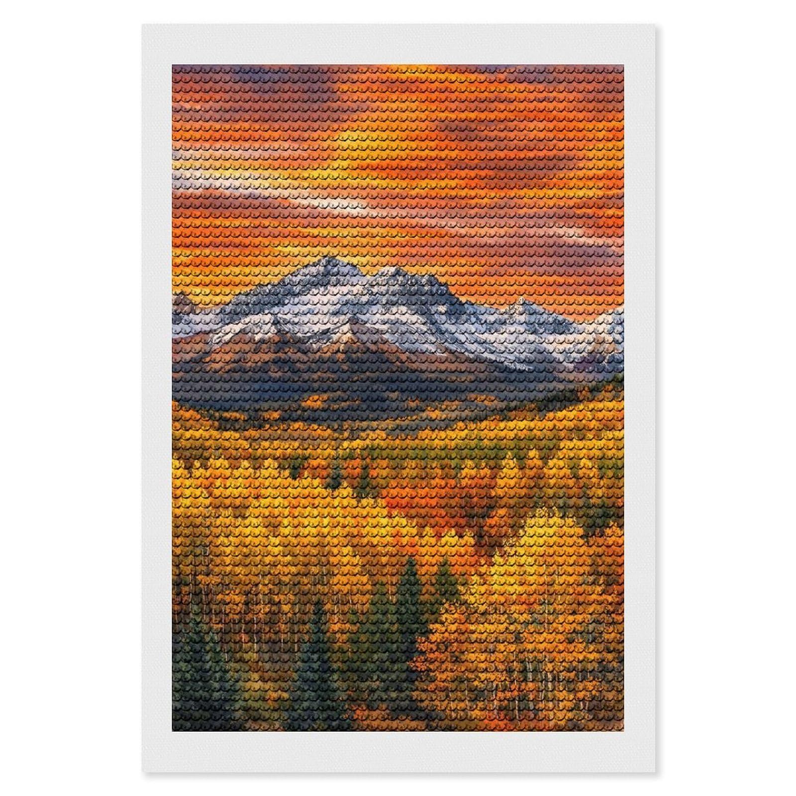 Junmoney Autumn Mountain Landscape Painting Diamond Art Canvas 8"x12", for Creative Relaxation, Simple to Start, Aesthetic Room Decor, Holiday Gift Idea