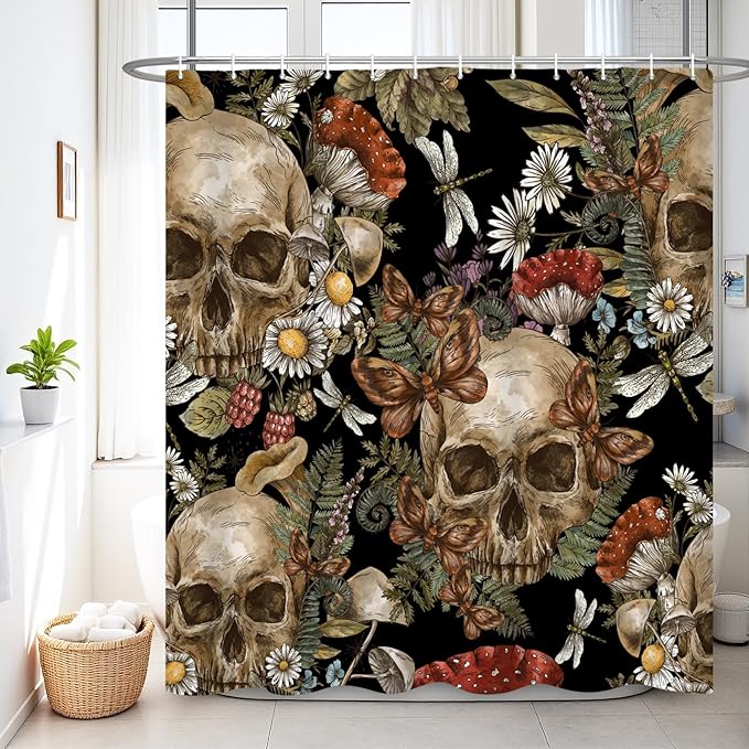 Renaiss 72 x 72 Inch Gothic Sugar Skull Shower Curtain Spooky Skeleton Vintage Mushroom Flower Floral Daisy Bath Shower Curtain Halloween Botanical Aesthetic Bathroom Decor Curtains Polyester 12 Hooks
