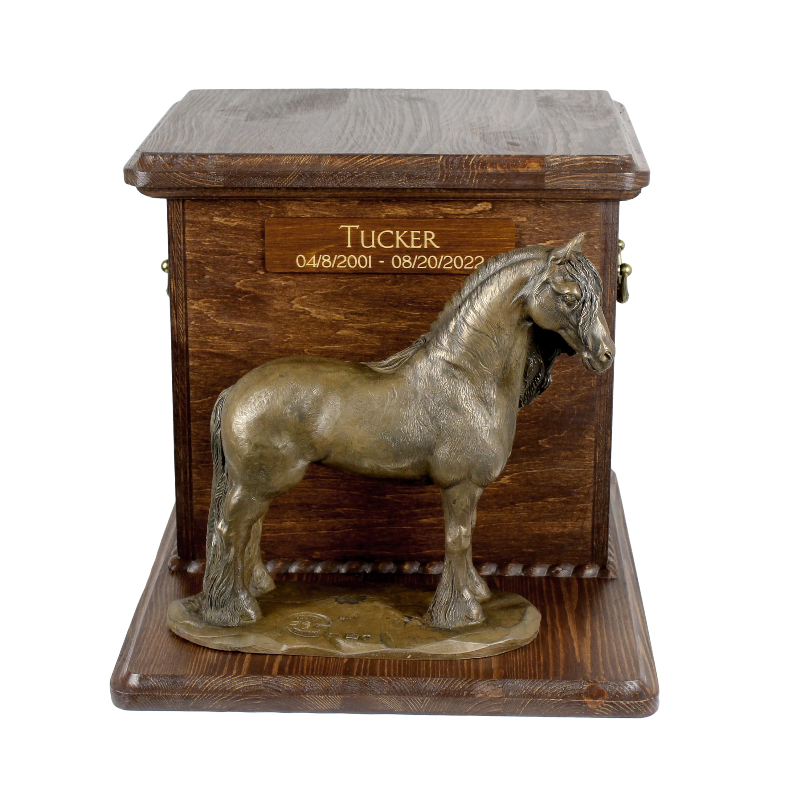 Urne pour cendres de cheval en bois fait à la main - Statue de Frison personnalisable