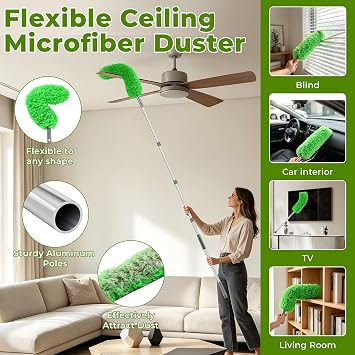Ceiling Fan Cleaner Duster with 77 Extension Pole, 4-in-1 Reusable Microfiber & Chenille Fan Blade Cleaner, Bendable Fan Duster for Ceiling Fan Blade Blinds Baseboard Cobweb