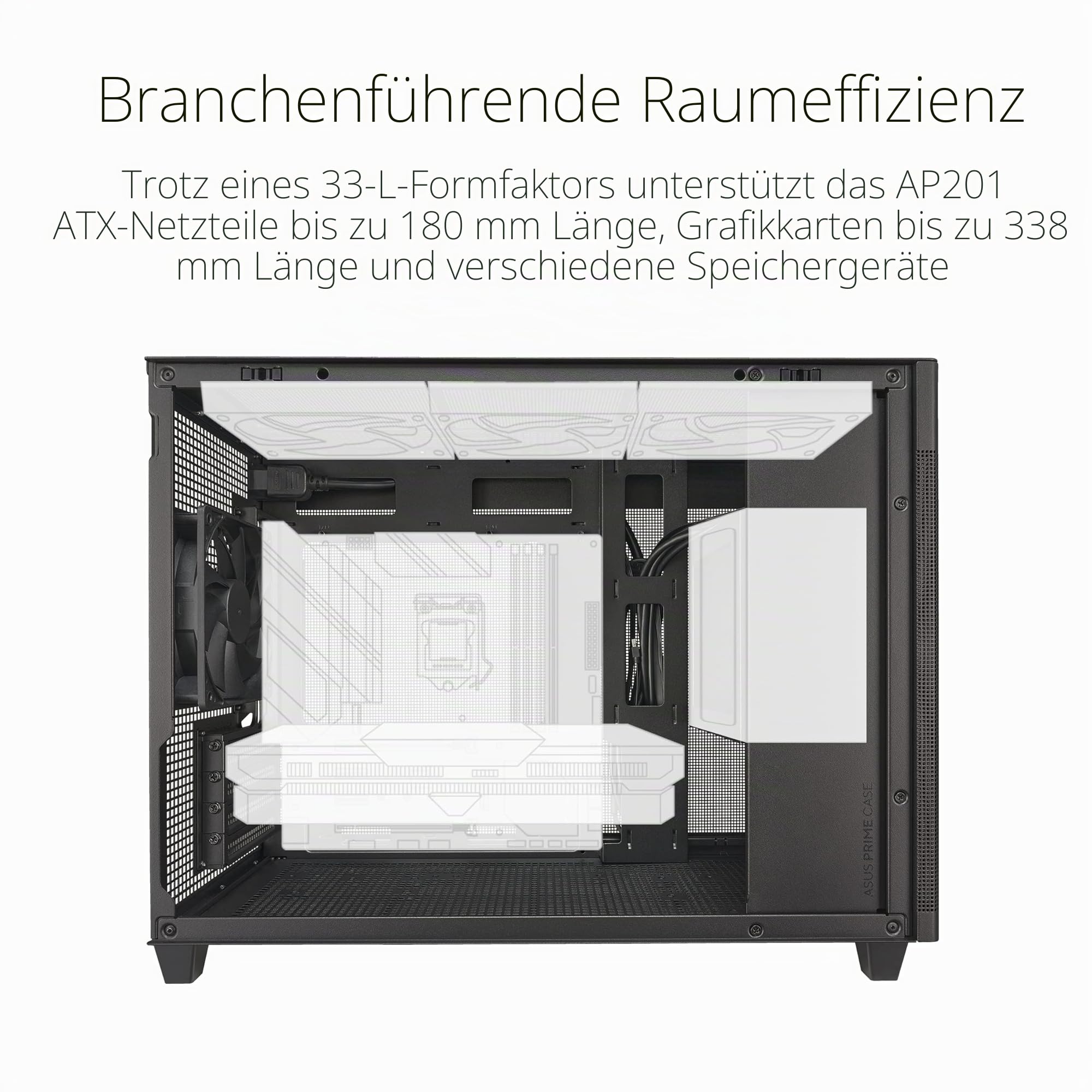 ASUS Prime AP201 MicroATX Gehäuse schwarz (33 Liter, unterstützt 280- & 360-mm-Kühler, Grafikkarten bis 338 mm Länge und Standard-ATX-Netzteile)