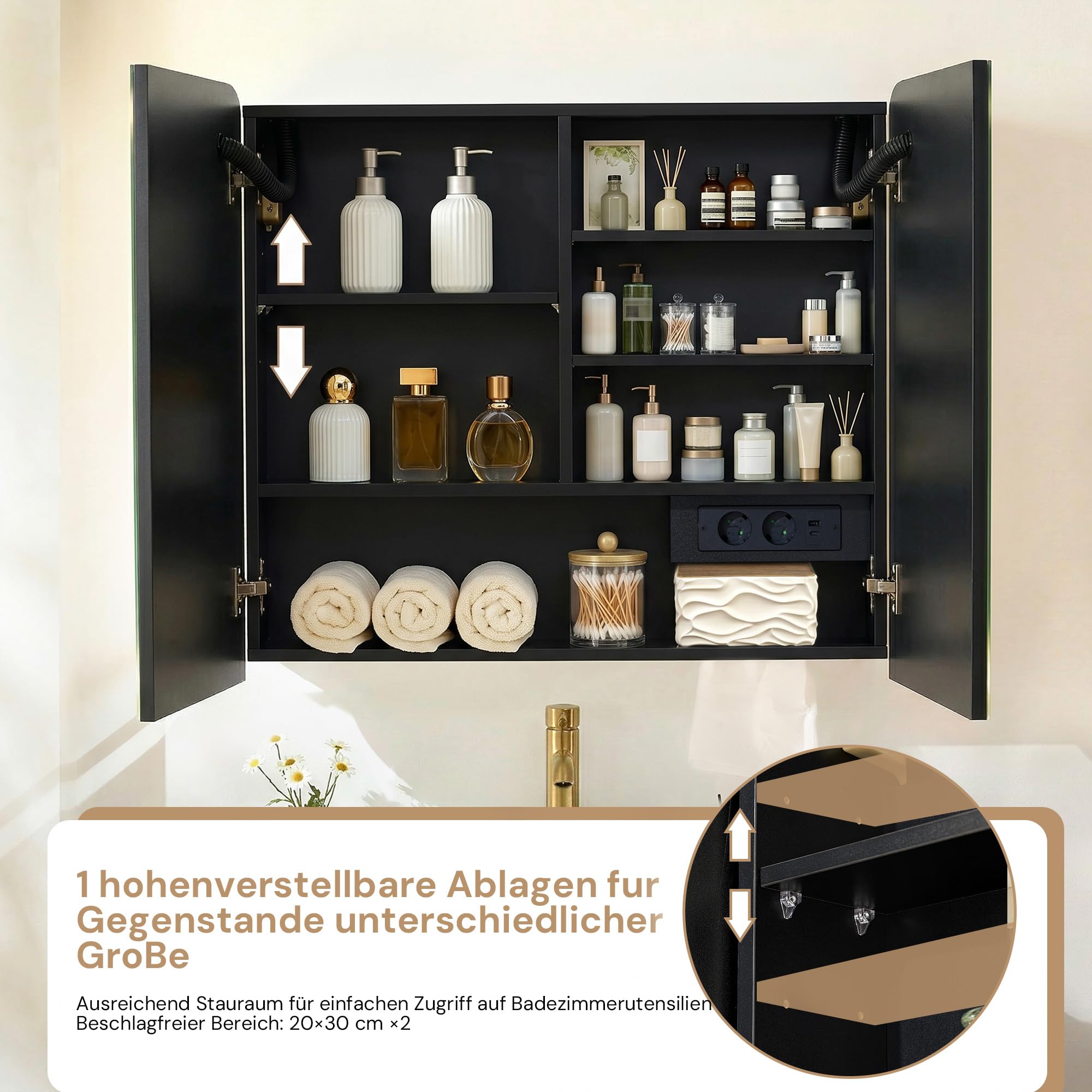 CLIPOP Spiegelschrank Bad mit Beleuchtung,Badezimmer spiegelschrank mit Spiegel und Steckdose, Entfogging-Funktion, badezimmerschrank mit 2 Türen, 80cm Breite,Öffnung für Taschentuchboxen,Schwarz