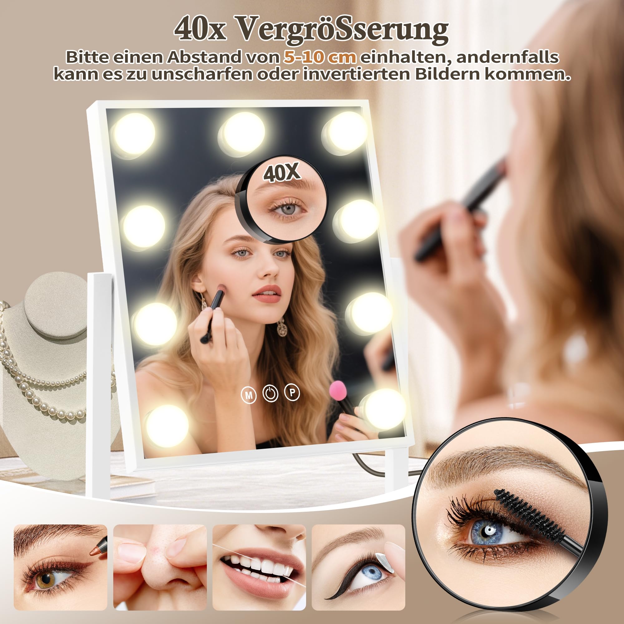 Espejo de maquillaje con iluminación, 30 x 36 cm, espejo Hollywood con 9 LED y 3 modos de luz, espejo de mesa Vanity con 40 aumentos para dormitorio y tocador