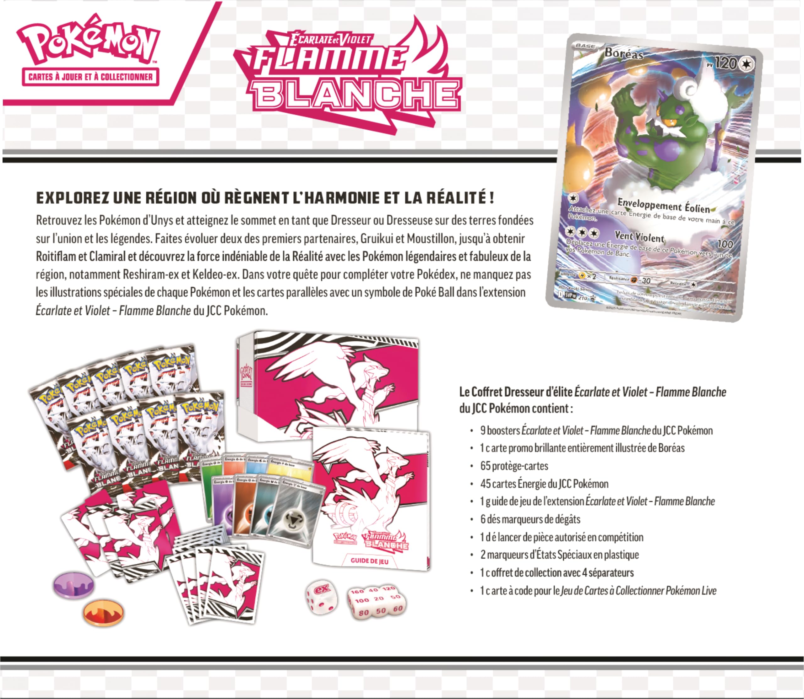Pokémon: Coffret Dresseur d’élite Écarlate et Violet – Flamme Blanche – Reshiram (1 Carte Promo Entièrement Illustrée de Boréas, 9 Boosters et des Accessoires de Jeu Premium)