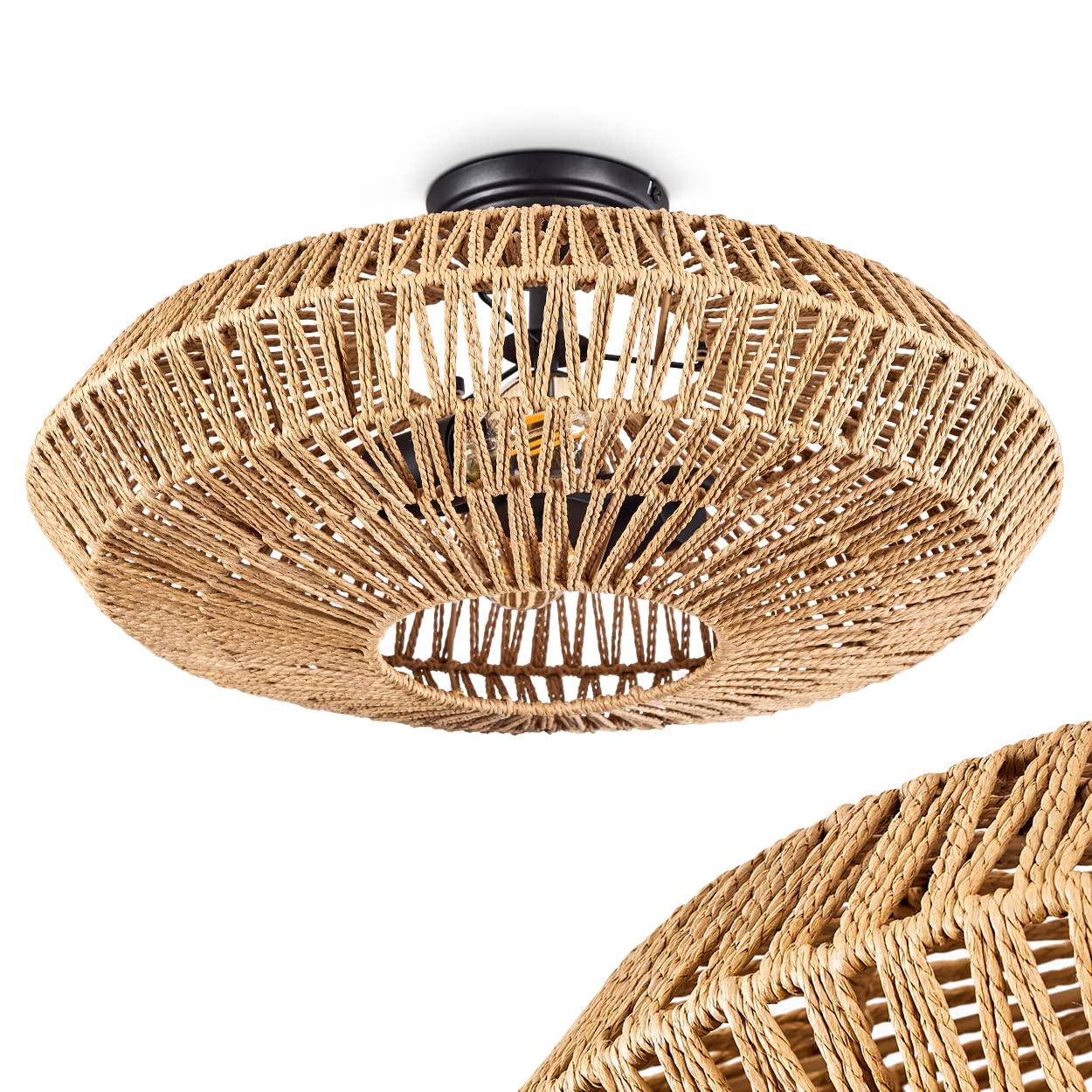 hofstein Ceiling lamp Mulstrand, Modern Ceiling lamp Made of Metal/Rattan in Black/Nature, Light in Modern Design with Light Effect, ø52 cm, 1-Flame, 2 x E27, Without Bulb