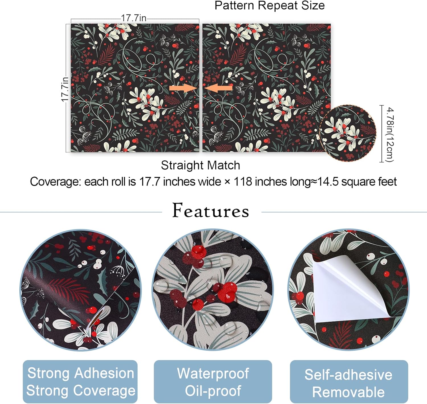 VaryStyle 17.7"x118" Black Floral Wallpaper Black/Green Leaf Floral Peel and Stick Wallpaper Dark Floral Contact Paper for Cabinets Walls Removable Self Adhesive Vinyl Wall Paper for Bedroom Bathroom