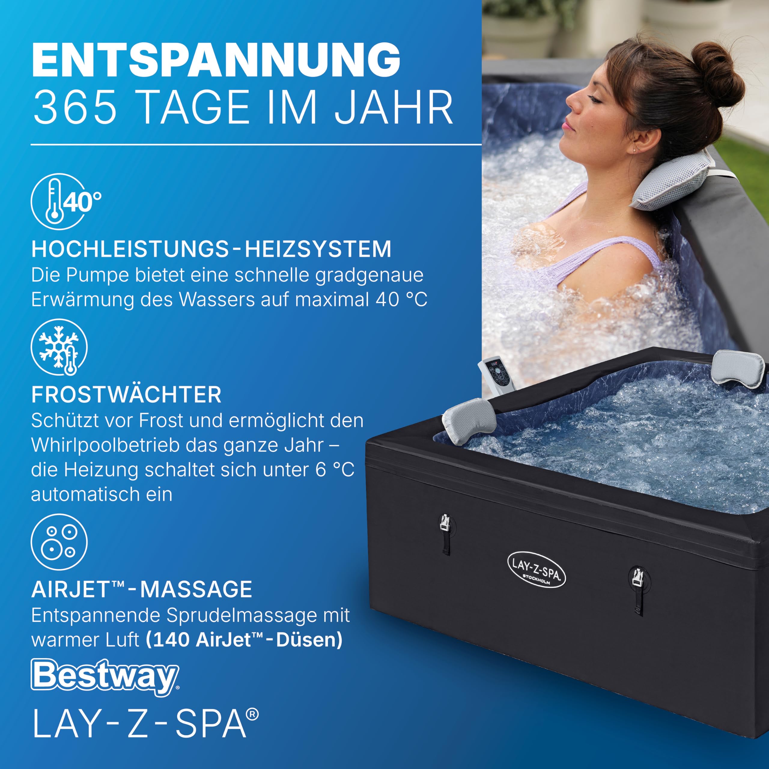 Bestway Lay-Z-SPA Stockholm AirJet Energiespar-Whirlpool 164x164 cm – Smarter Pool für 6 Personen mit App-Steuerung, 40°C Heizung, ThermaCore Isolierung & 140 Massagedüsen, Winterfest & Schwarz