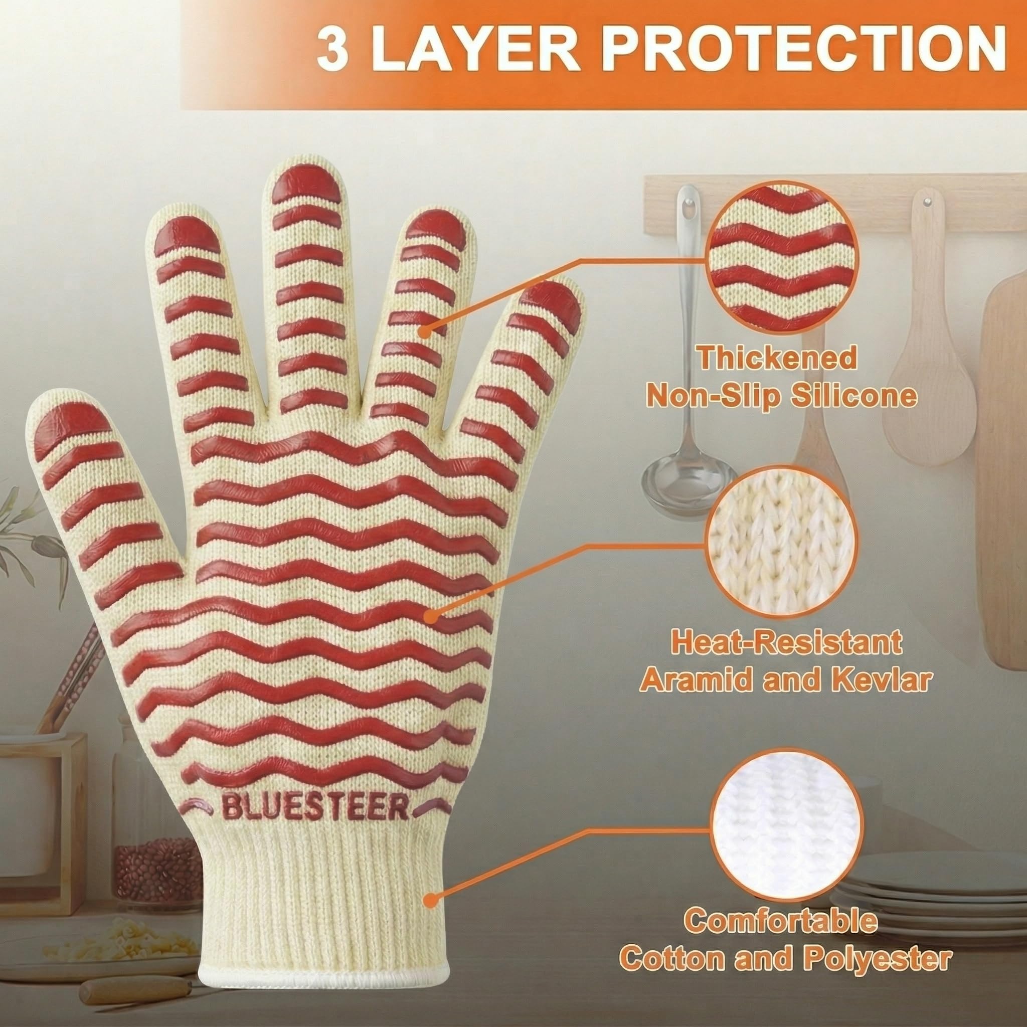 Guanti da forno, resistenti al calore fino a 500 °C, guanti da forno con dita, guanti da grill resistenti al calore per uomini e donne, guanti da barbecue con impugnatura in silicone, guanti ignifughi
