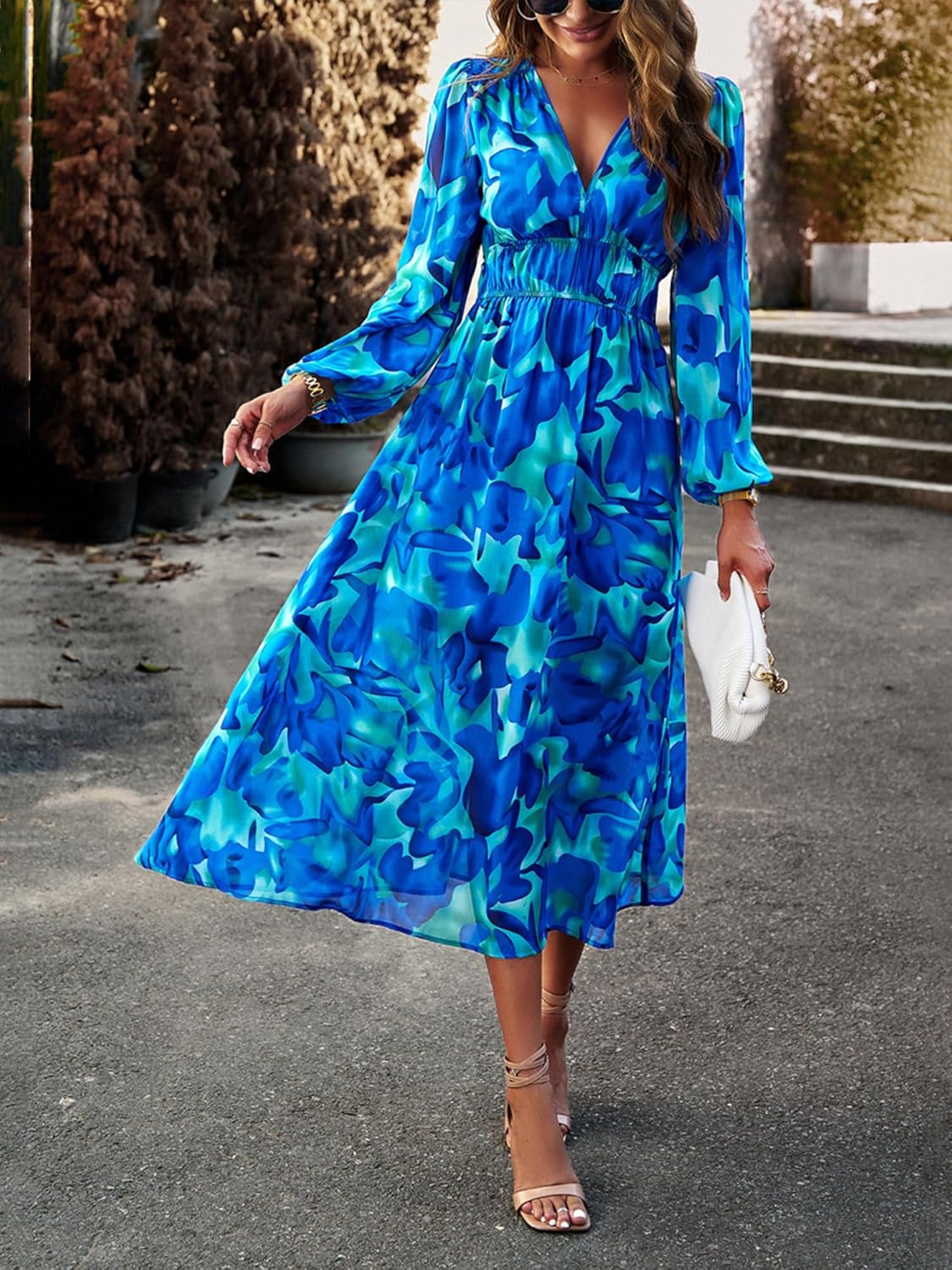 UEAL Womens Floral Flowy Wrap V Neck Midi Dress Short Sleeve Elastic Waist Casual Spring Summer Dresses for Women 2025 - Image 3