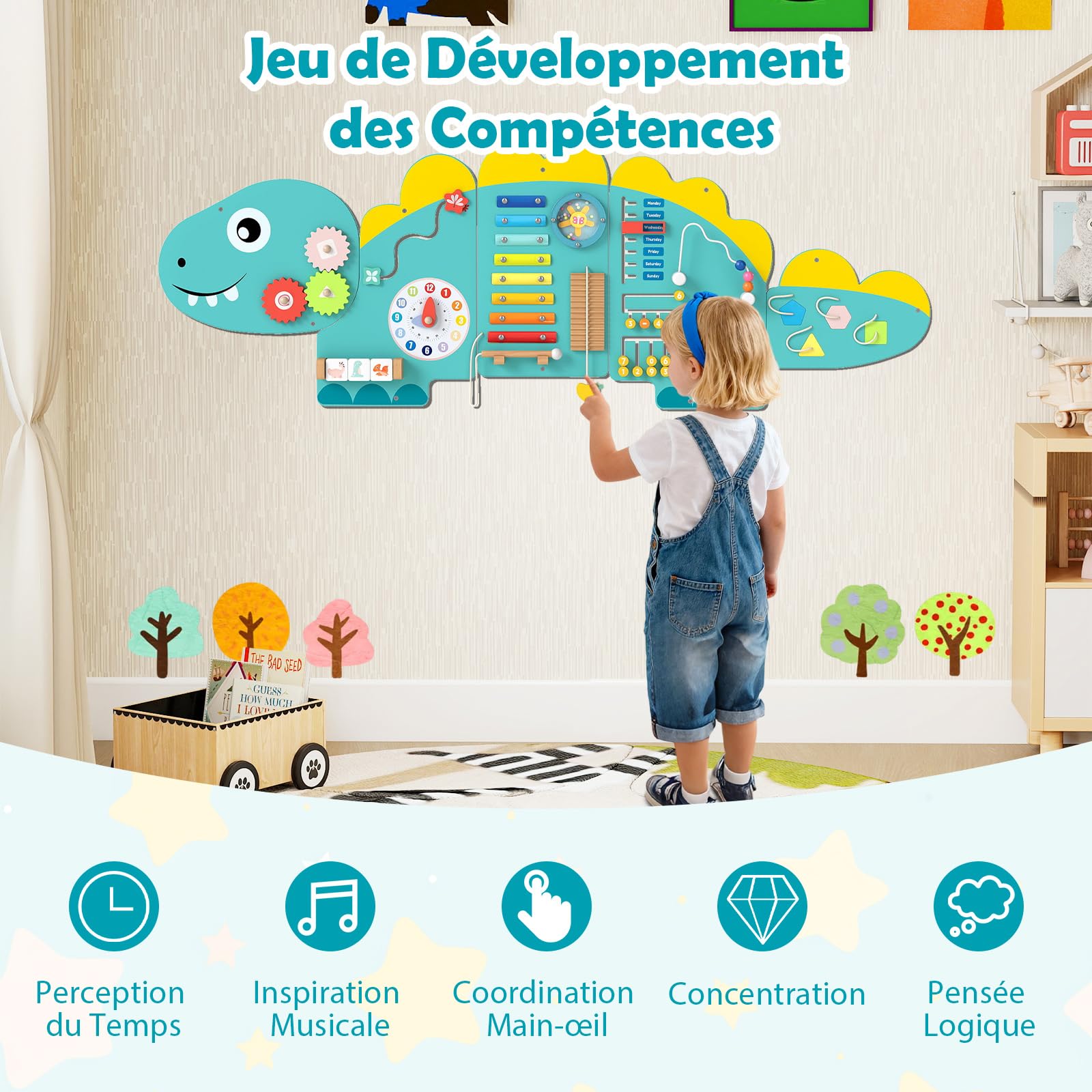 COSTWAY Busy Board Montessori en Forme Dinosaure avec 11 Jeux Sensoriel, Planche Tableau Activité Murale avec Xylophone & Horloge, Parcours Motricité Bébé pour Salle de Jeux, Crèche (Dinosaure Vert)
