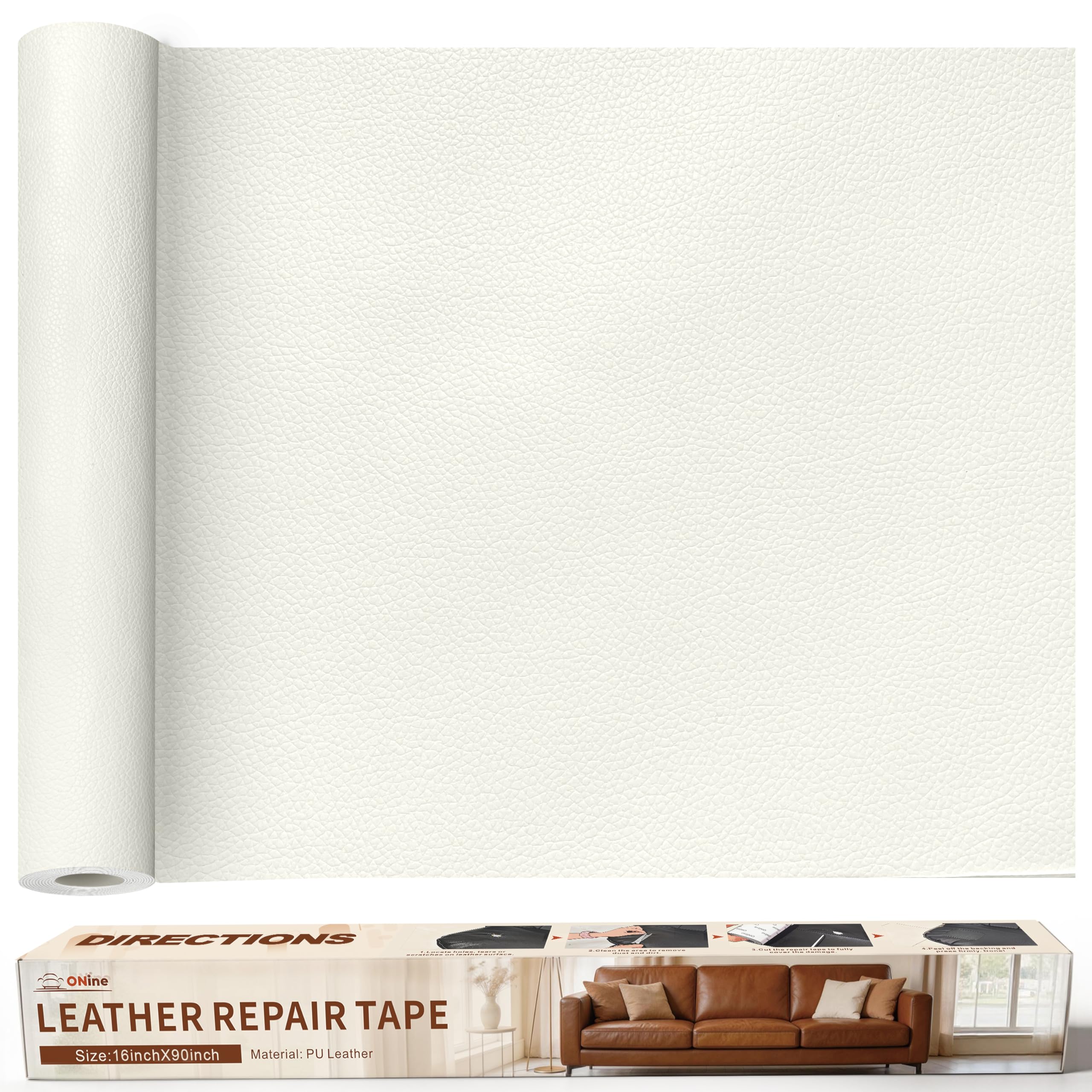 ONine Leather Repair Patch，Leather Repair Tape, 16 x 90 inches Leather Repair Patch for Furniture,Vinyl Repair kit，Leather Couch Patch，for Sofas, Furniture, car Seats(White-Litchi Grain)