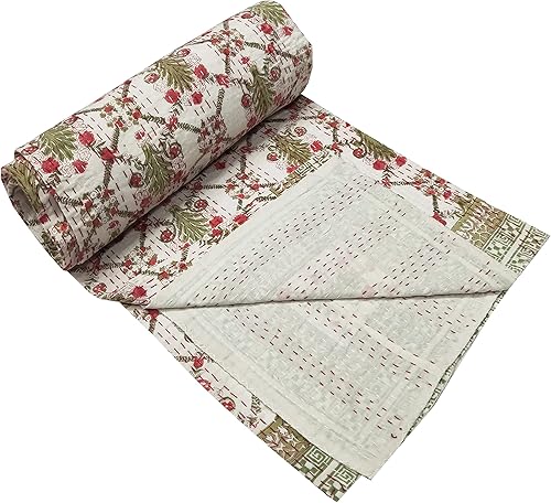 Miniatura 2 de V Vedant Designs Colcha Kantha con estampado floral a mano, colcha Kantha de algodón, colcha Kantha tamaño Queen, manta Kantha hecha a mano, manta