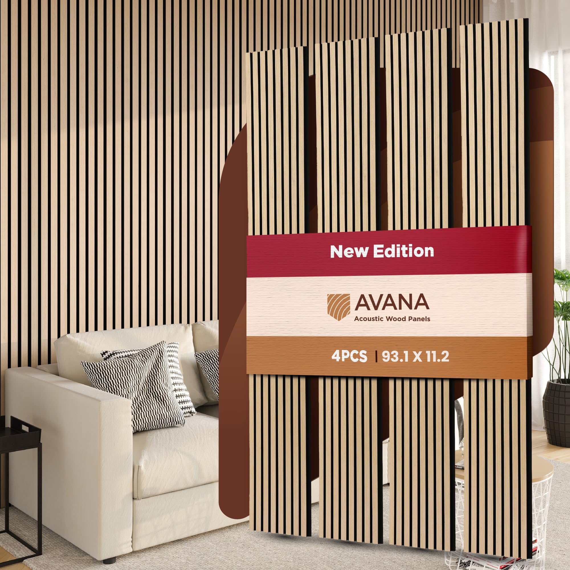Avana Acoustic Wood Wall Panels – 93.2x11.25 Inch Panels – Fits 94x12 Layout – White Oak Acoustic Panels 4 PCs – Wall Panels for Interior Wall Decor for Homes, Offices – Design Wood Panels for Wall