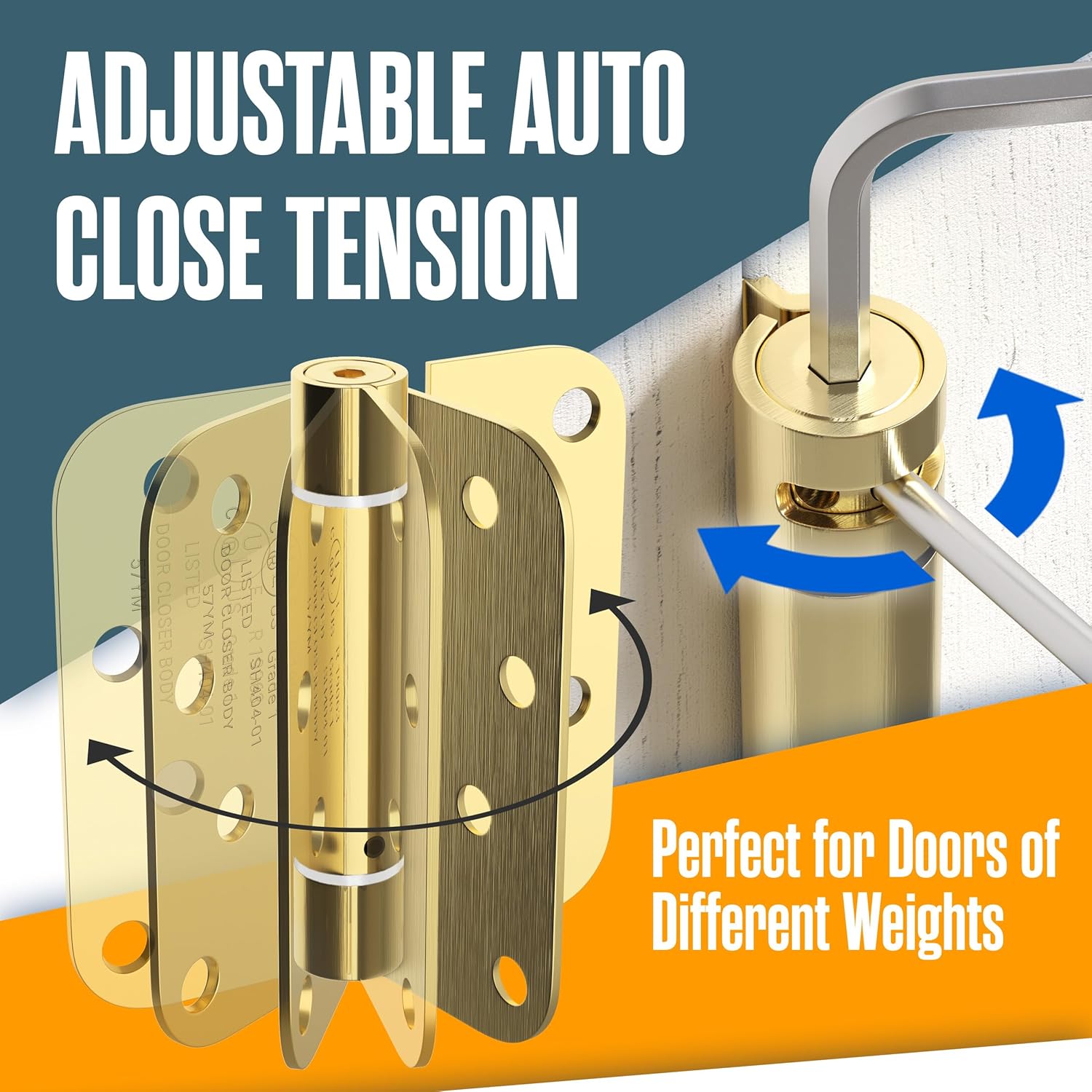 Self Closing Door Hinges, Spring Hinge Door Closer, Spring Loaded, Auto Close, 4 Inch, Automatic Closer, Auto Shut For Interior, Garage, Exterior, Adjustable Tension, 5/8” Radius Corner, Brass, 2 Pack