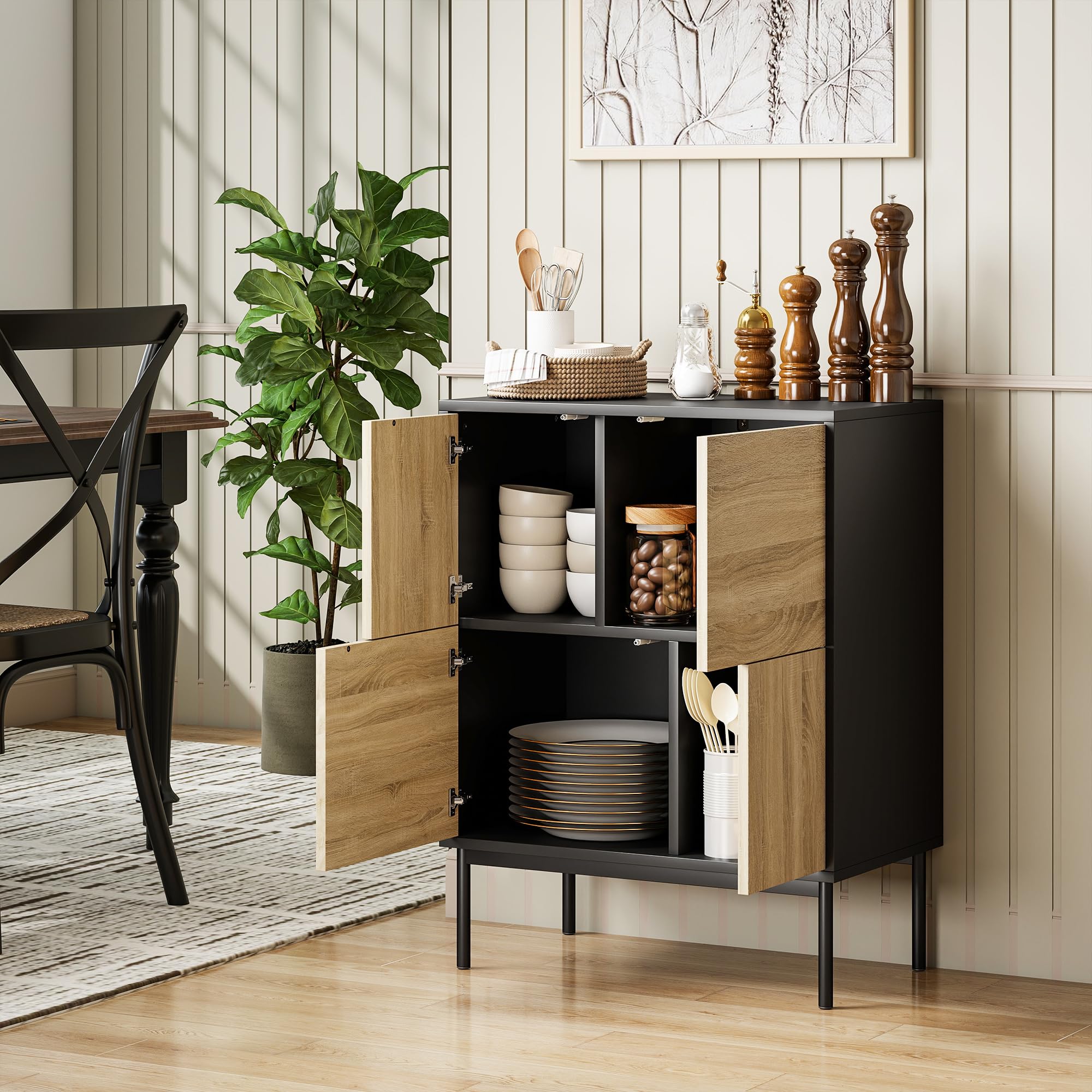 HOMCOM Buffet Salon Meuble Bas 60 x 35 x 78 cm Noir et Effet Bois Naturel | Meuble de Rangement, Armoire de Cuisine, Portes à Pousser, 4 Placards, Style Moderne, Buffet Salle à Manger et Salon