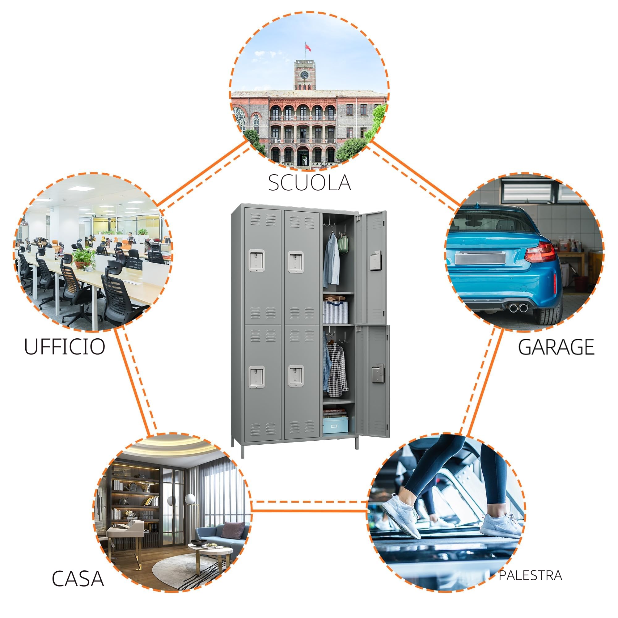 Armadietto in metallo con 6 scomparti, armadietto in acciaio con prese d'aria e ganci per abiti, armadietto con serrature pulverizzato per spogliatoio, ufficio, palestra e centro fitness, 183