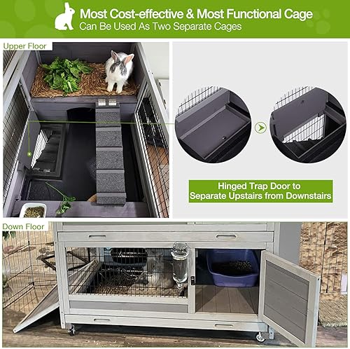 Miniatura 3 de GUTINNEEN Bunny Hutch - Jaula grande para conejillos de indias con rueda, jaula para conejo al aire libre con piso de alambre inferior extraíble