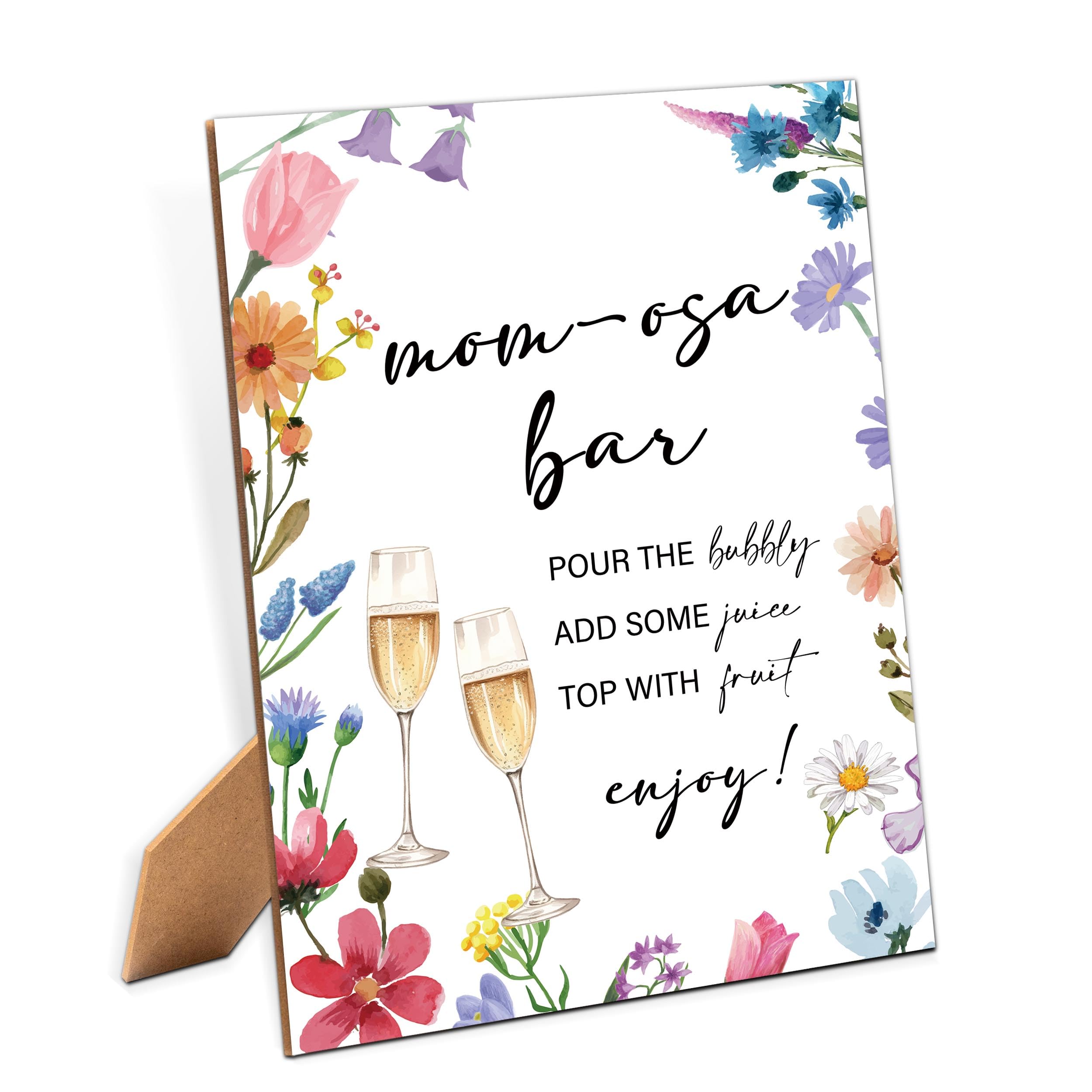 Mom-osa Bar Sign - Wildflower Baby Shower Sign, 1 Pack Wooden Sign with Stand, Gender Neutral Party Table Decor, Floral Baby Shower Supplies (LB01)