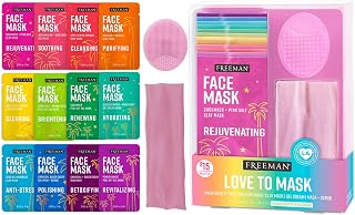 Freeman Love to Mask Variety Pack: 14-Piece Face Masks Kit with Clay, Charcoal, Peel-Off, Gel & Scrub + Buffer & Headband