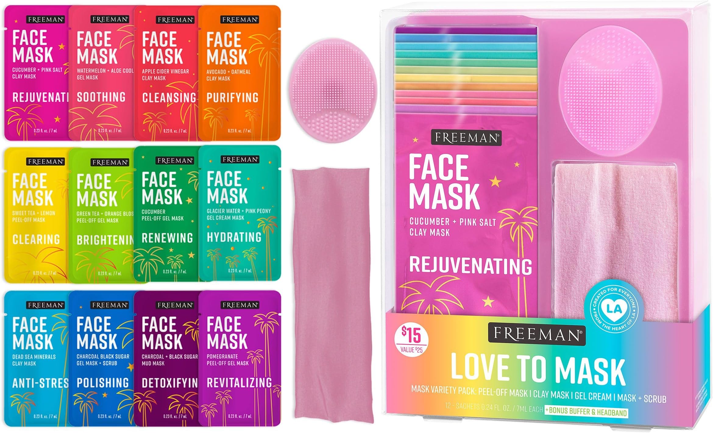 Freeman 14 Piece Love To Mask Variety Pack, Facial Masks For All Skin Types, Hydrate, Detoxify, & Clear Skin, Exfoliating Scrub, Bonus Headband and Skin Buffer, Face Masks Are Cruelty-Free & Vegan