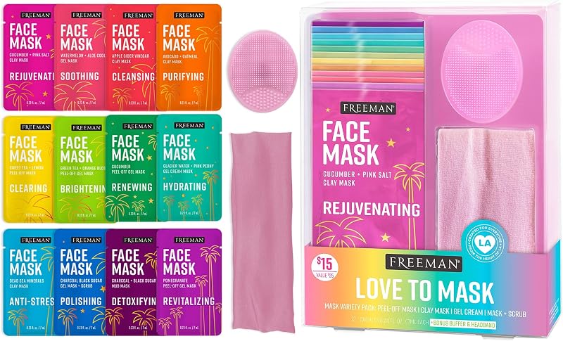 Freeman 14 Piece Love To Mask Variety Pack, Face Masks | Clear and hydrate skin, skin care kit with clay mask for face, self care kit, bonus headband and skin buffer