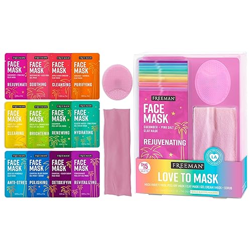 Freeman Facial Love To Mask Variety Pack: Oil Absorbing Clay, Detoxifying Charcoal, Clearing Peel Off, Hydrating Gel Cream, Exfoliating Scrub (14 Piece Kit with Bonus Buffer and Headband) - 1 Count (Pack of 1)