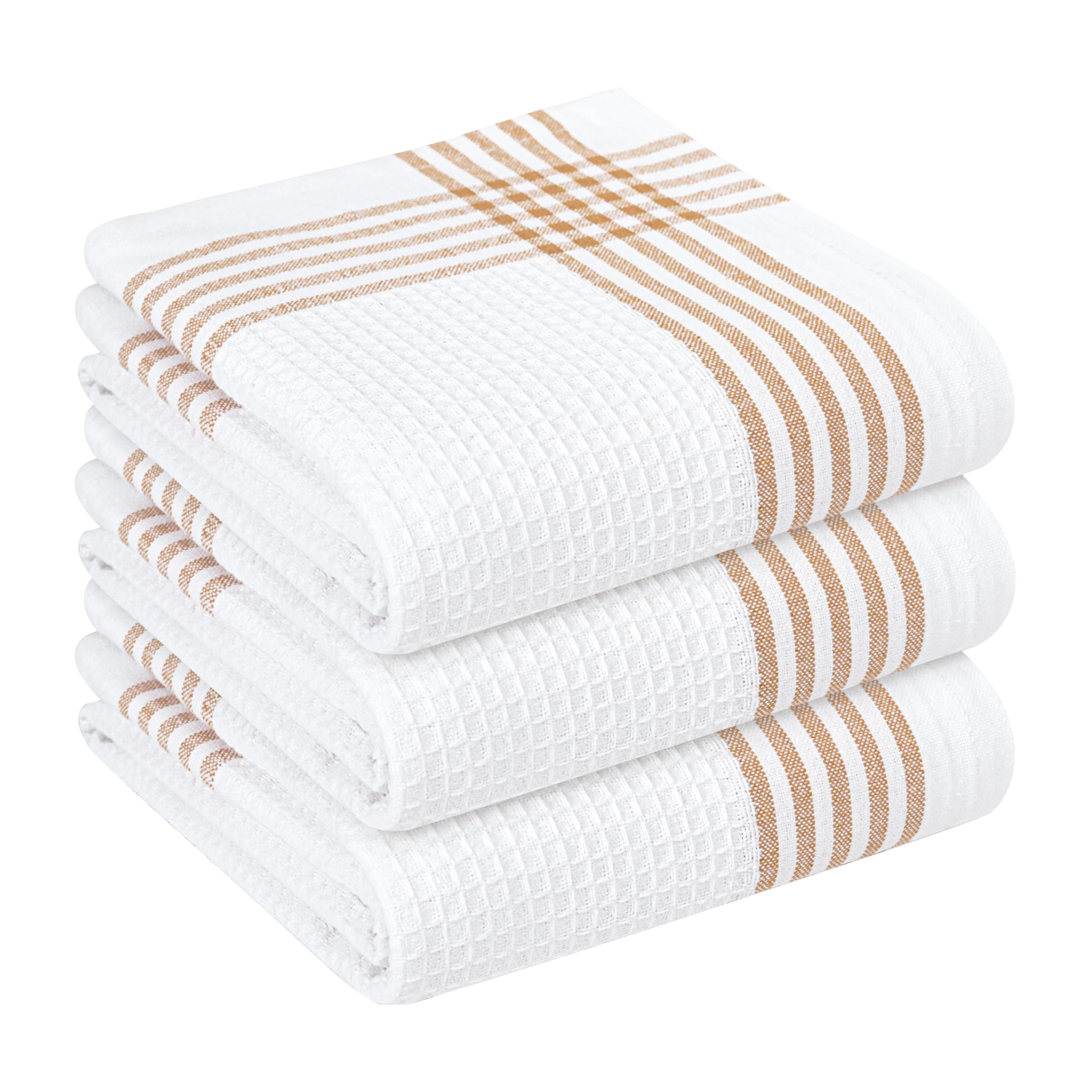 HEIRLOOM COMFORT Brown and White Cotton Kitchen Towels 3 Pack, Waffle Weave, 40x66 cm, Super Absorbent, Reversible, Quick Dry Dishcloths for Drying Dishes, Cleaning, Reusable, Everyday Use