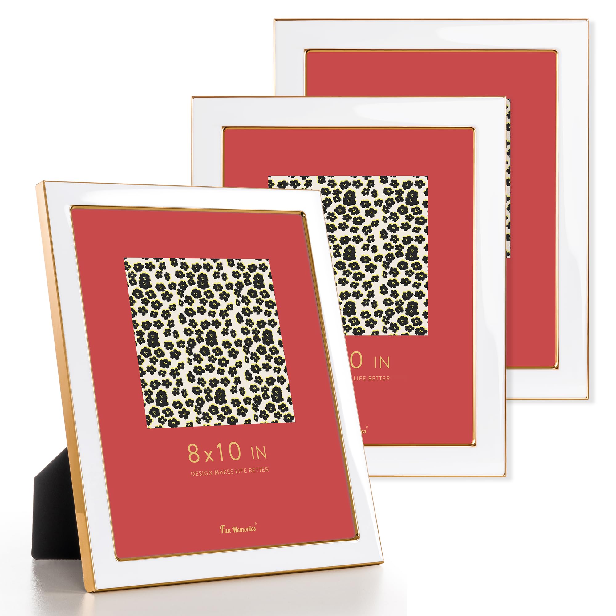 Fun Memories 8x10 Picture Frame - 3pcs White Enamel Glass Photo Frame with Gold Metal Edge & Easel for Display Picture Frame on Countertops, Tabletops