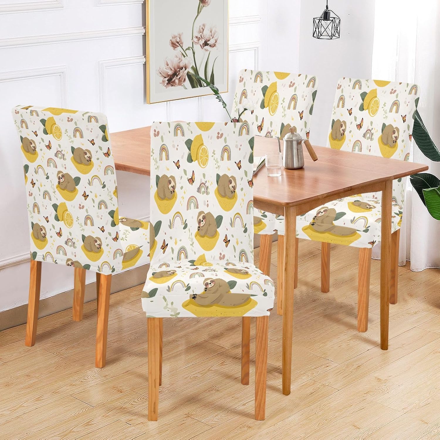 ALAZA Chair Covers for Dining Room, Sloth Lemon Rainbow Pattern Stretch Chair Cover Sets Chair Protector Removable Washable for Ktichen Restaurant Hotel