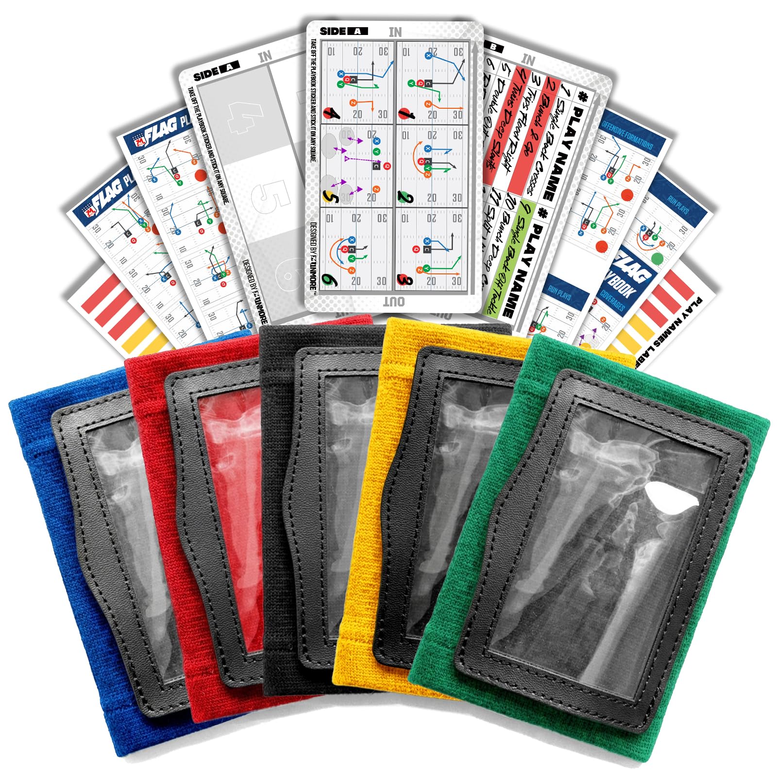 Photo 1 of 1NMORE 5v5, 7v7 Football Wristbands with Playbook System, Quarterback Wrist Coach for Youth, Flag Football Wrist Bands with Plays Stickers & PVC Cards (Multicolored, 5 on 5)