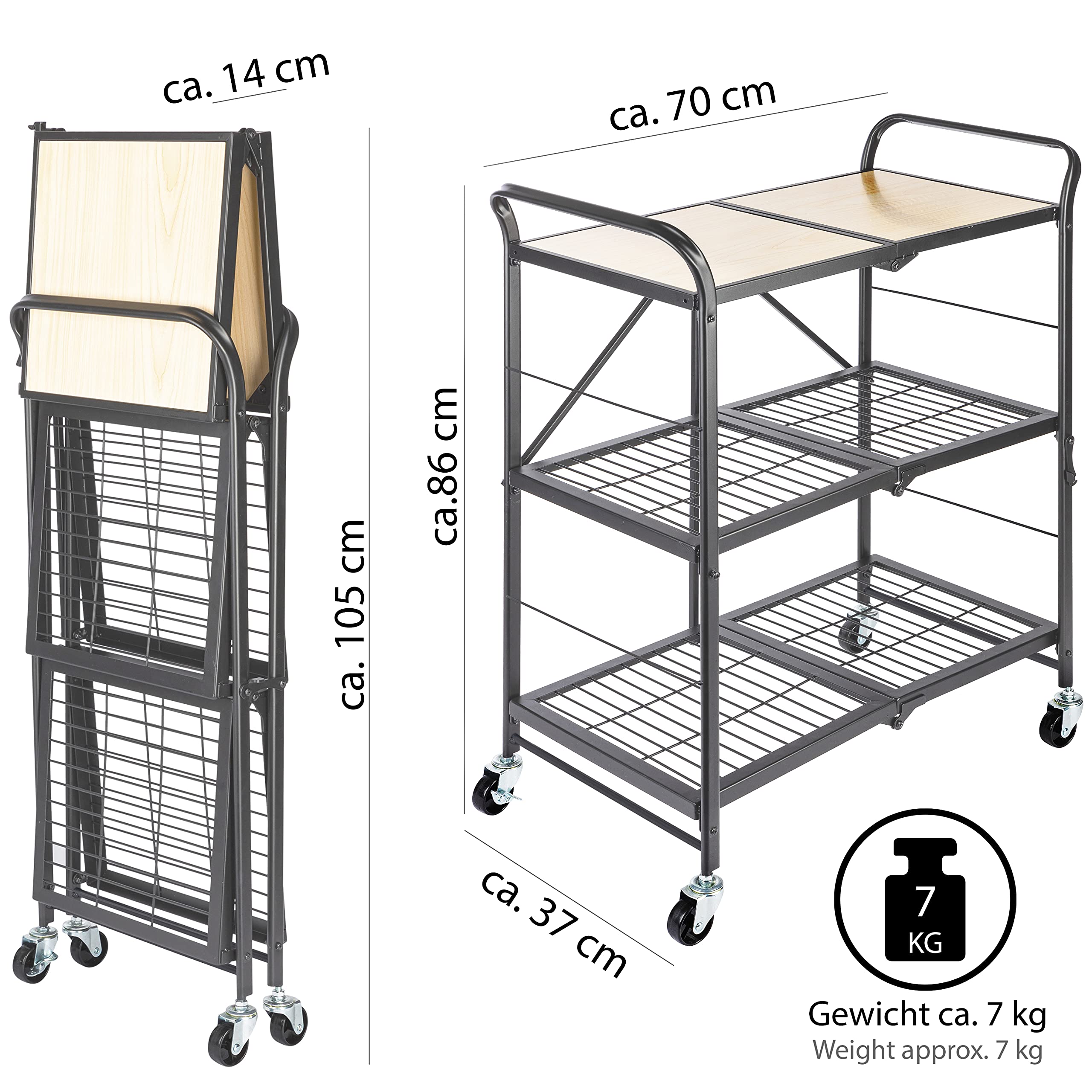 ONVAYA® Küchenwagen James klappbar | Servierwagen klappbar | Etagenwagen | Beistellwagen | Grau | Küchenregal | Multifunktionale Regal| Haushaltsregal | Stand Regal