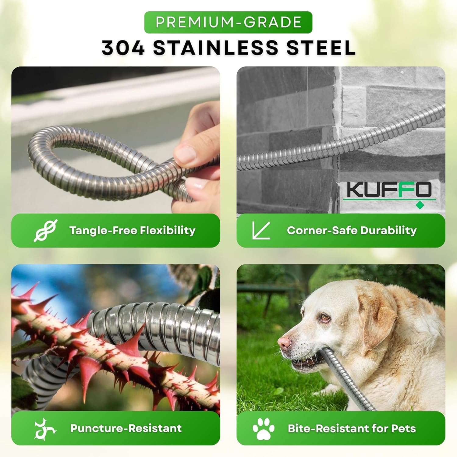 KUFFO Metal Garden Hose 100 ft - Heavy Duty Stainless Steel 304 Water Hose with 10Function Nozzle - Flexible, Lightweight, Puncture-Resistant, No-Kink Outdoor Metal Hose for Yard, Gardening, Patio, RV