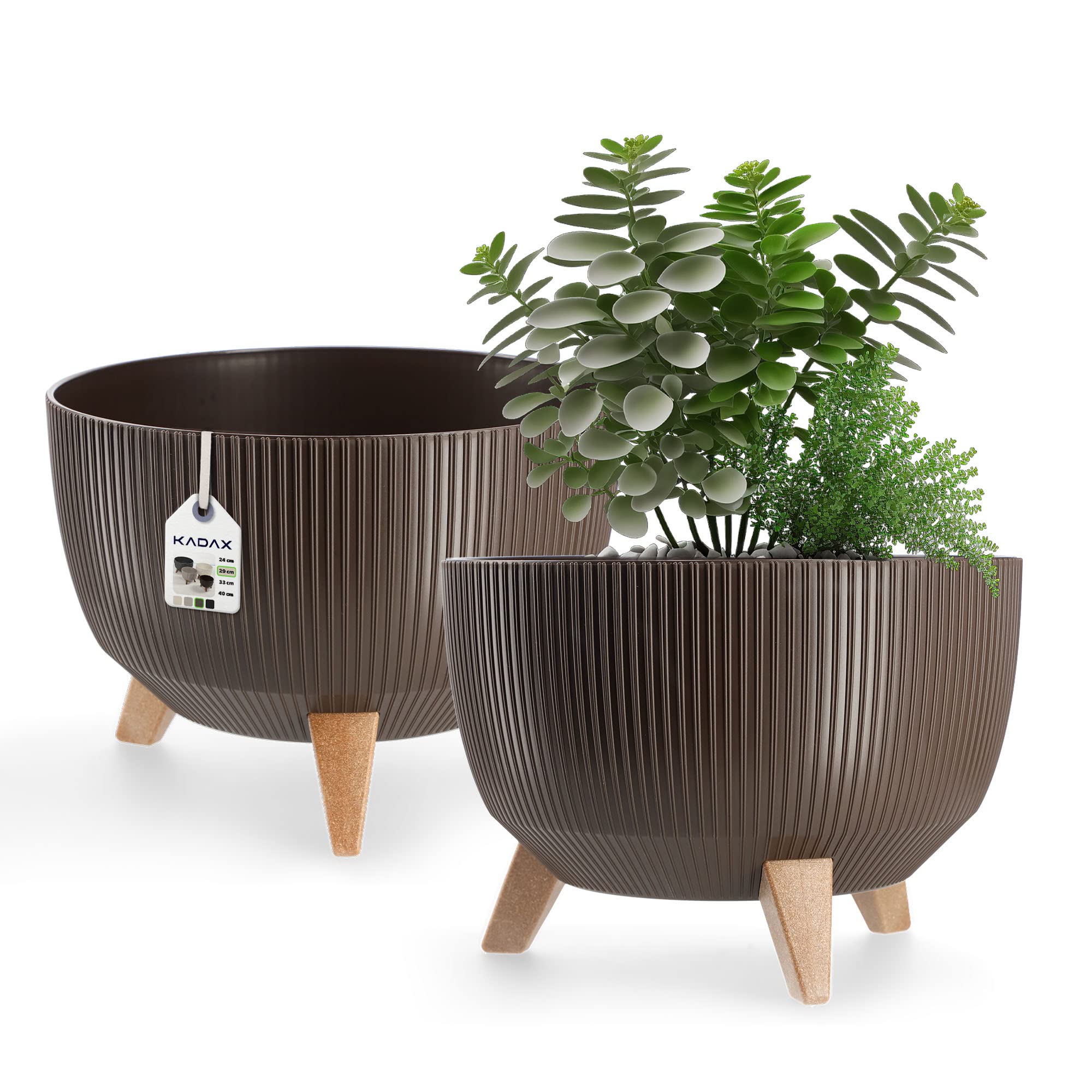 KADAX Blumentopf aus Kunststoff mit DREI Einsteckstützen, runde Blumenschale, Pflanzkübel, Blumenkübel, Pflanzschale für Balkon, Wohnzimmer (29 cm Ø/Braun)