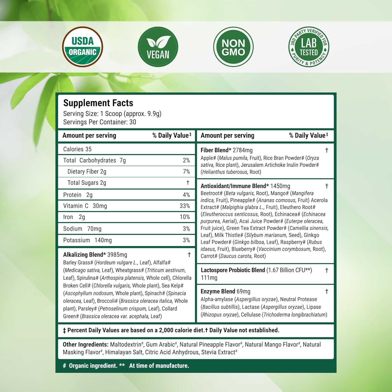 Nested Naturals Super Greens Daily Superfood Powder - Certified USDA Organic Green Powder w/Whole Foods, Spirulina, Wheat & Barley Grass - Probiotics, Fiber & Enzymes - Pineapple Mango, 30 Servings - Image 8