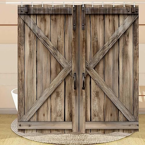 Vista 28 de Cortina de ducha rústica de madera estilo granero, 60 x 70 pulgadas, color beige