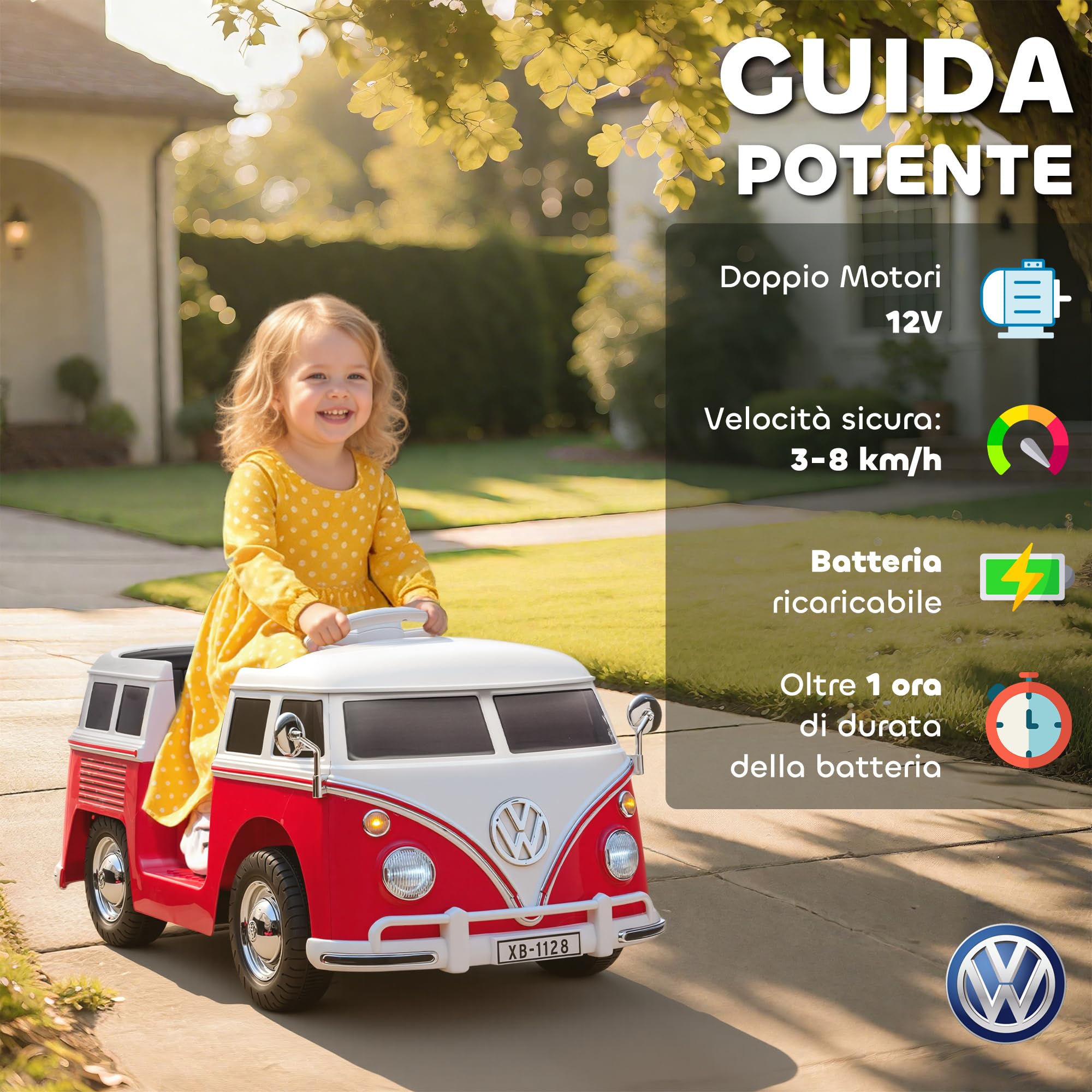 AIYAPLAY Macchina Elettrica per Bambini 3-7 Anni Volkswagen T1, 12V, Rosso | 3-8km/h, Auto Elettrica per Bambini con 2 Motori, Sospensioni, Partenza Lento, Musica, Fari e Clacson