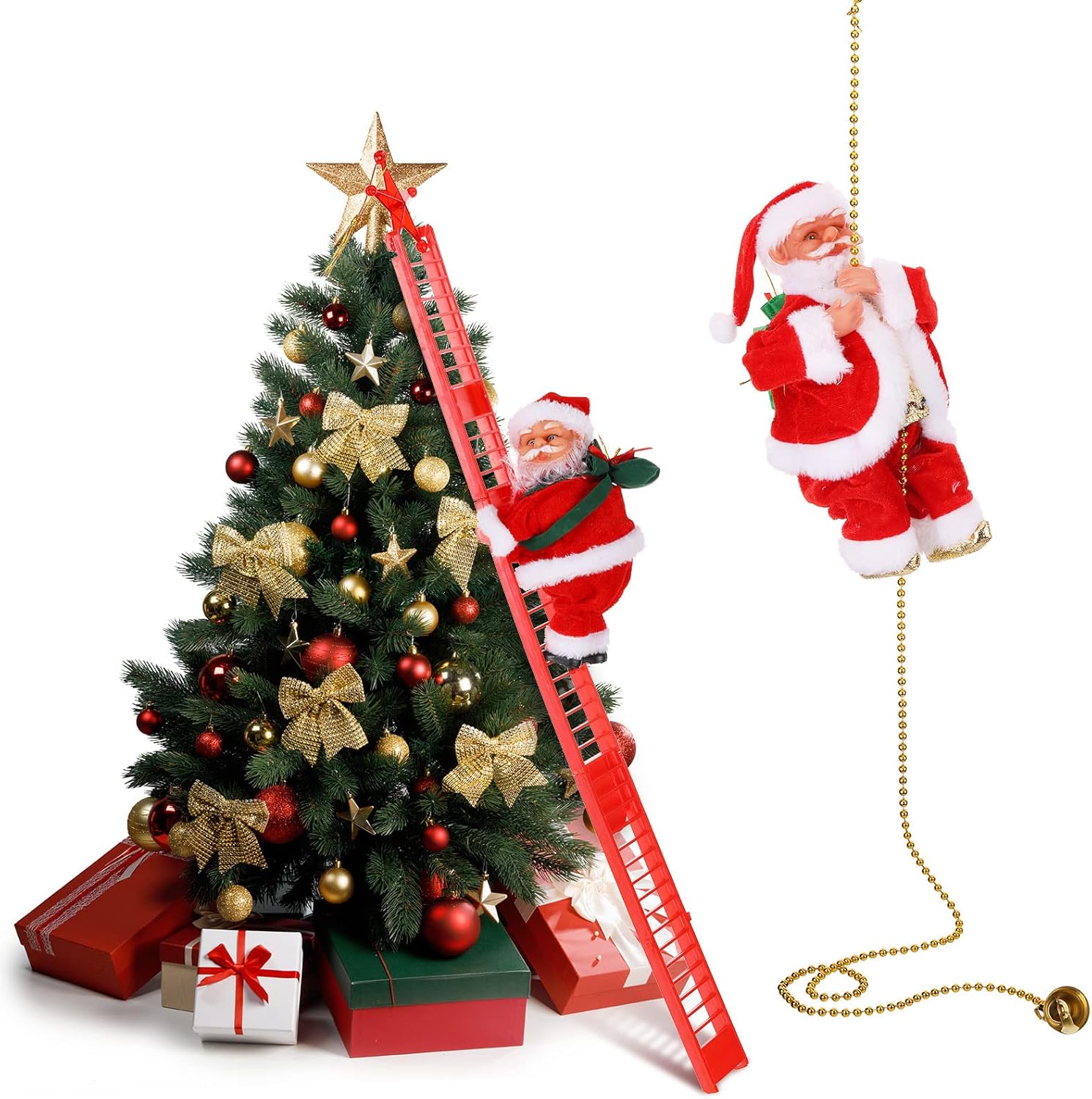 2 Pcs Christmas Santa Claus Musical Climbing Rope 2026 Electric Climbing Ladder to Christmas Tree Battery Operated Climbings Santa Claus, Climbs up and Down, Home Decoration for Parties