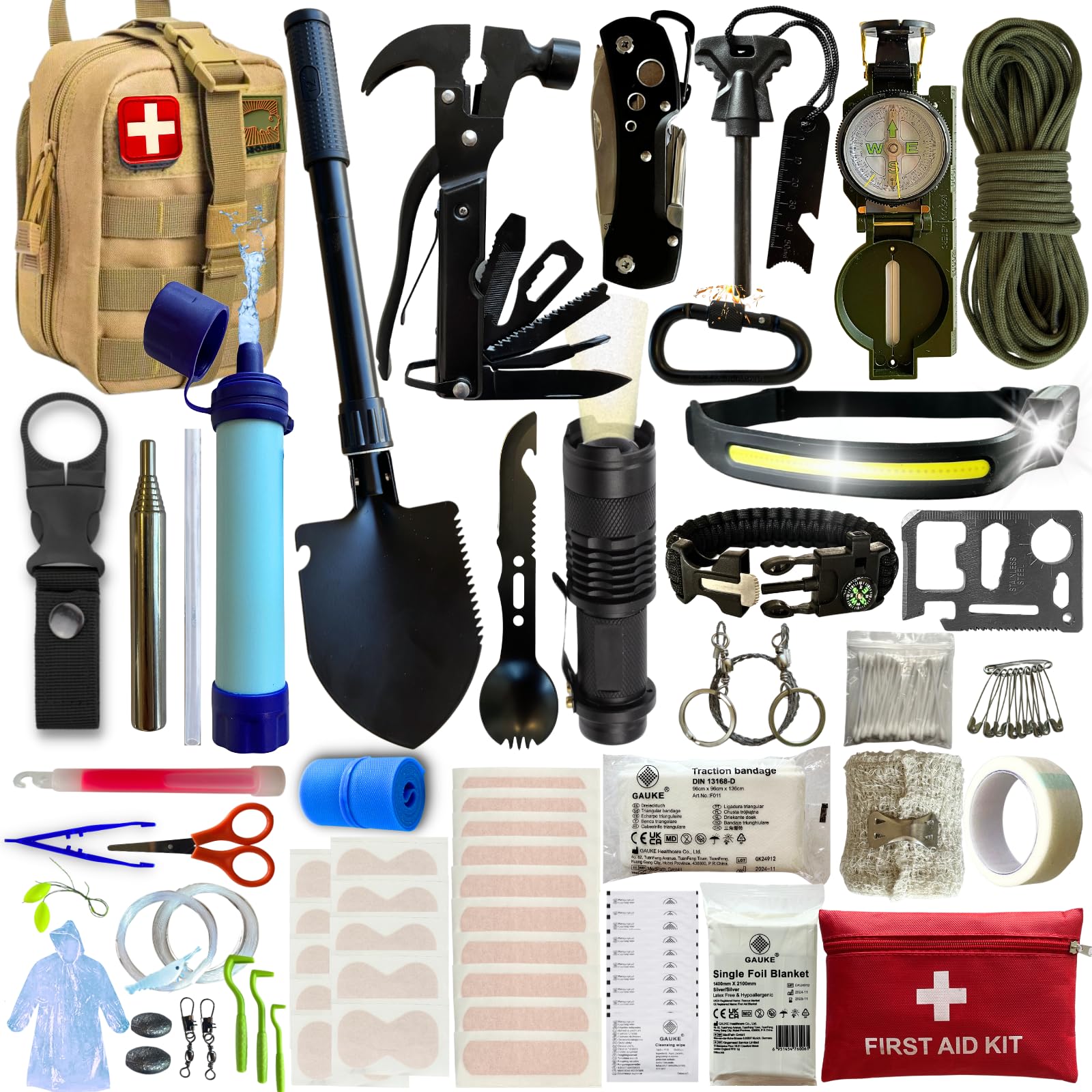 Survival Kit Komplett BIRKOSCH – 16 Werkzeuge + 82 Erste-Hilfe-Teile | 2 in 1 : Outdoor-Tasche + Erste-Hilfe-Set. Kompass, Wasserfilter, Rettungsdecke – Camping, Wandern, Auto, Notfall.