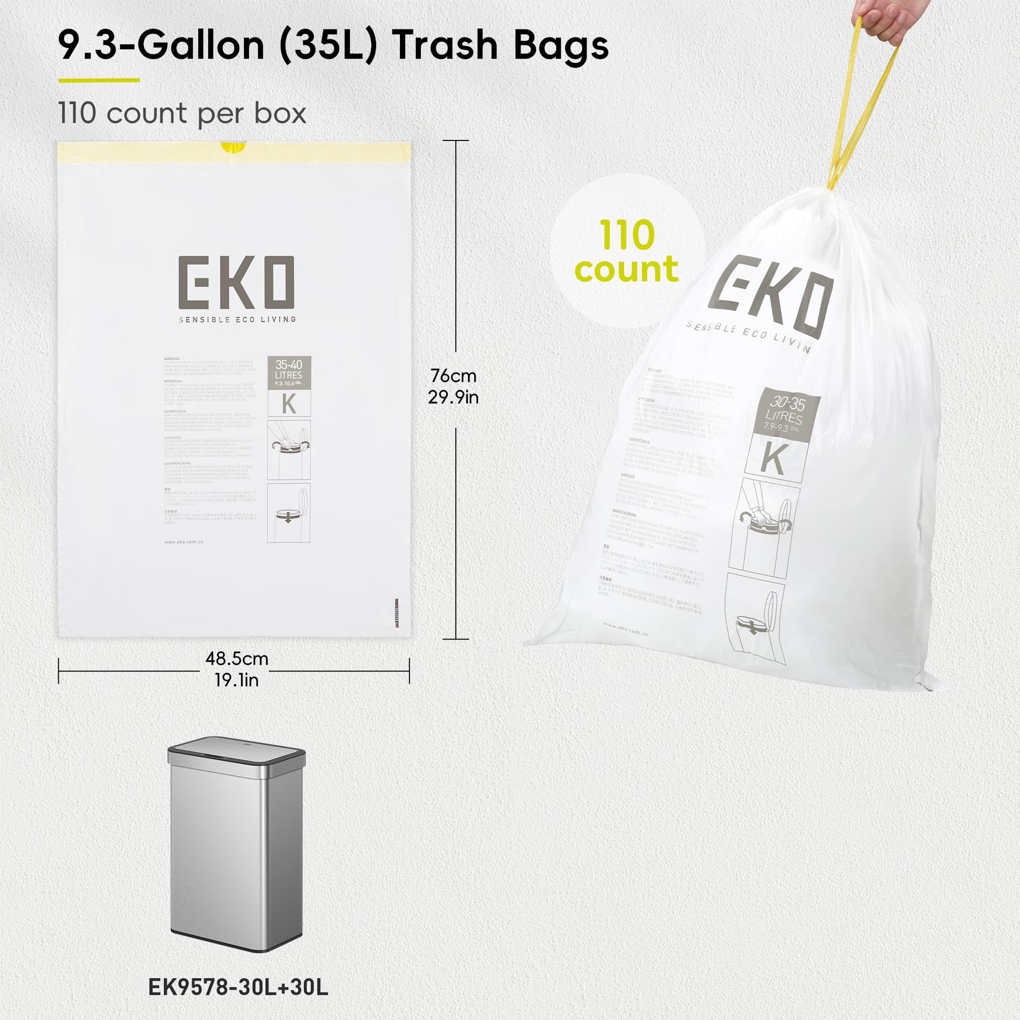 EKO - Bolsas de basura con cordón de 30-35 L, 110 unidades, para cubos de cocina altos, extrarresistentes y resistentes a fugas, sin perfume, blanco, código K