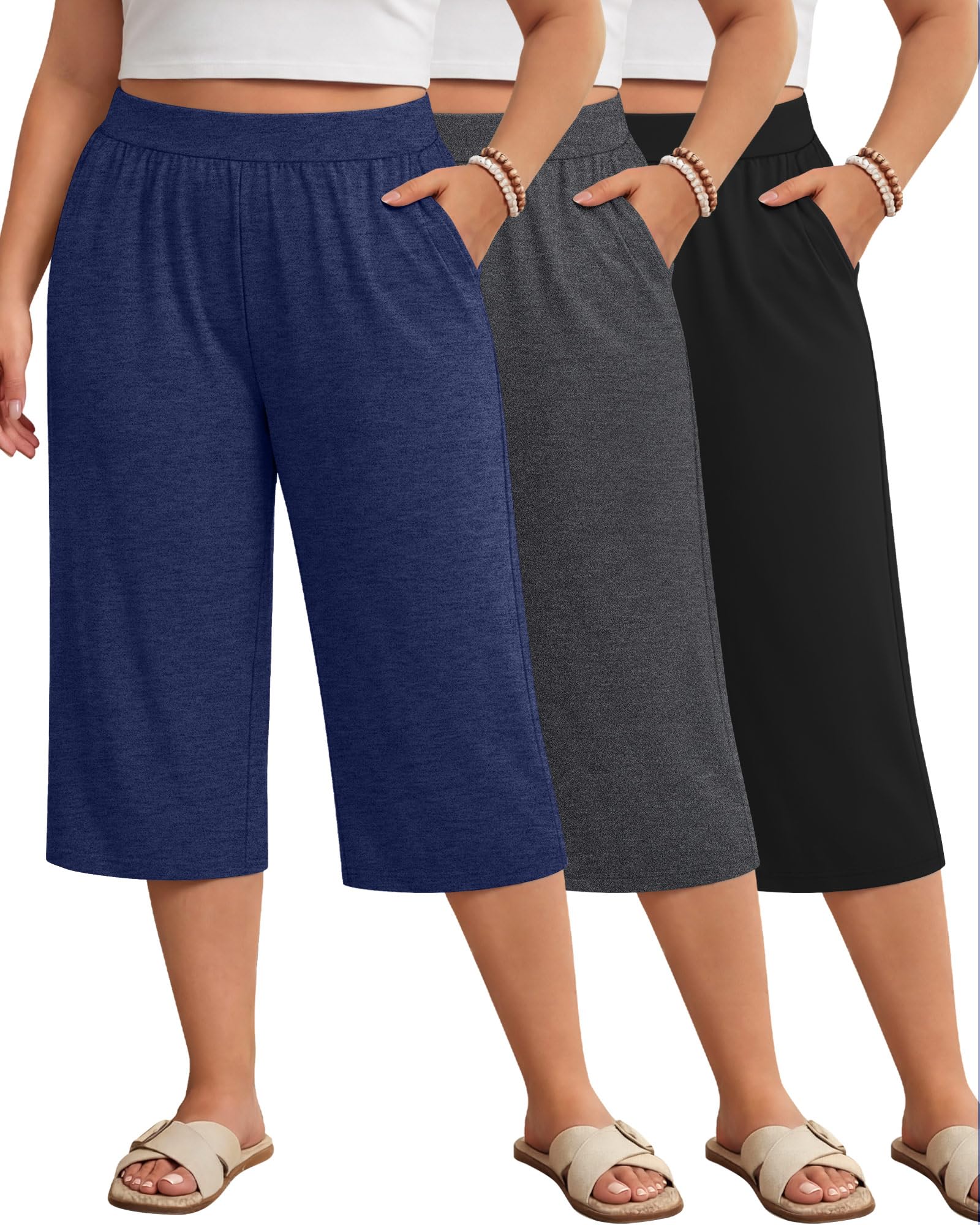 Huukeay 3 Pack Women's Plus Size Capri Pants Loose Fit Wide Leg Capris Sweatpants Summer High Waisted Yoga Pants with Pockets