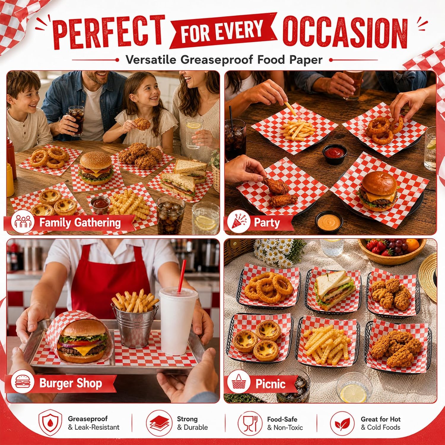 1000-Pack Wax Paper Sheets for Food, 7x7 in Deli Sandwich Wrap Paper, Basket Liner for Food Truck, Burgers & Fries (Red）