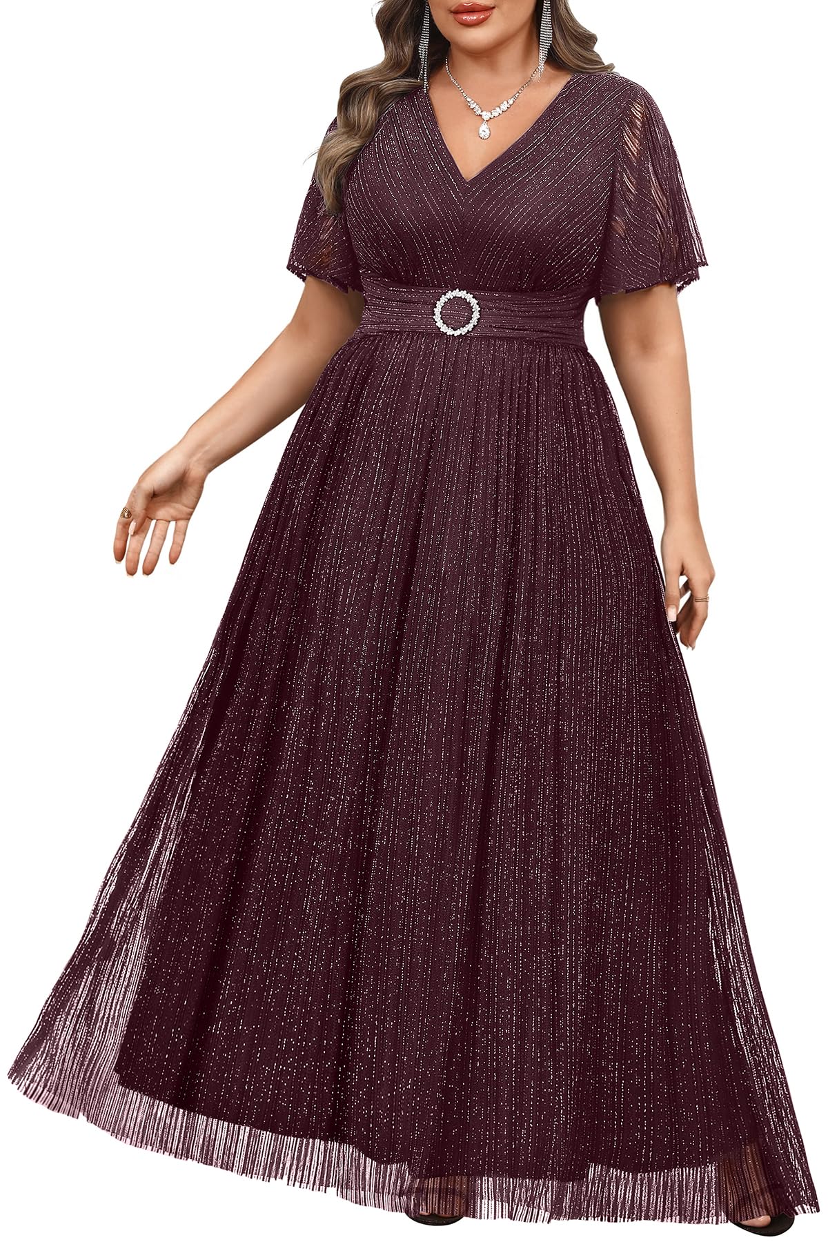 Plus Size Formal Dresses - Wedding Guest Evening Gown Sparkly Sequin Prom Gala Ball Maxi Dress with Short Sleeves