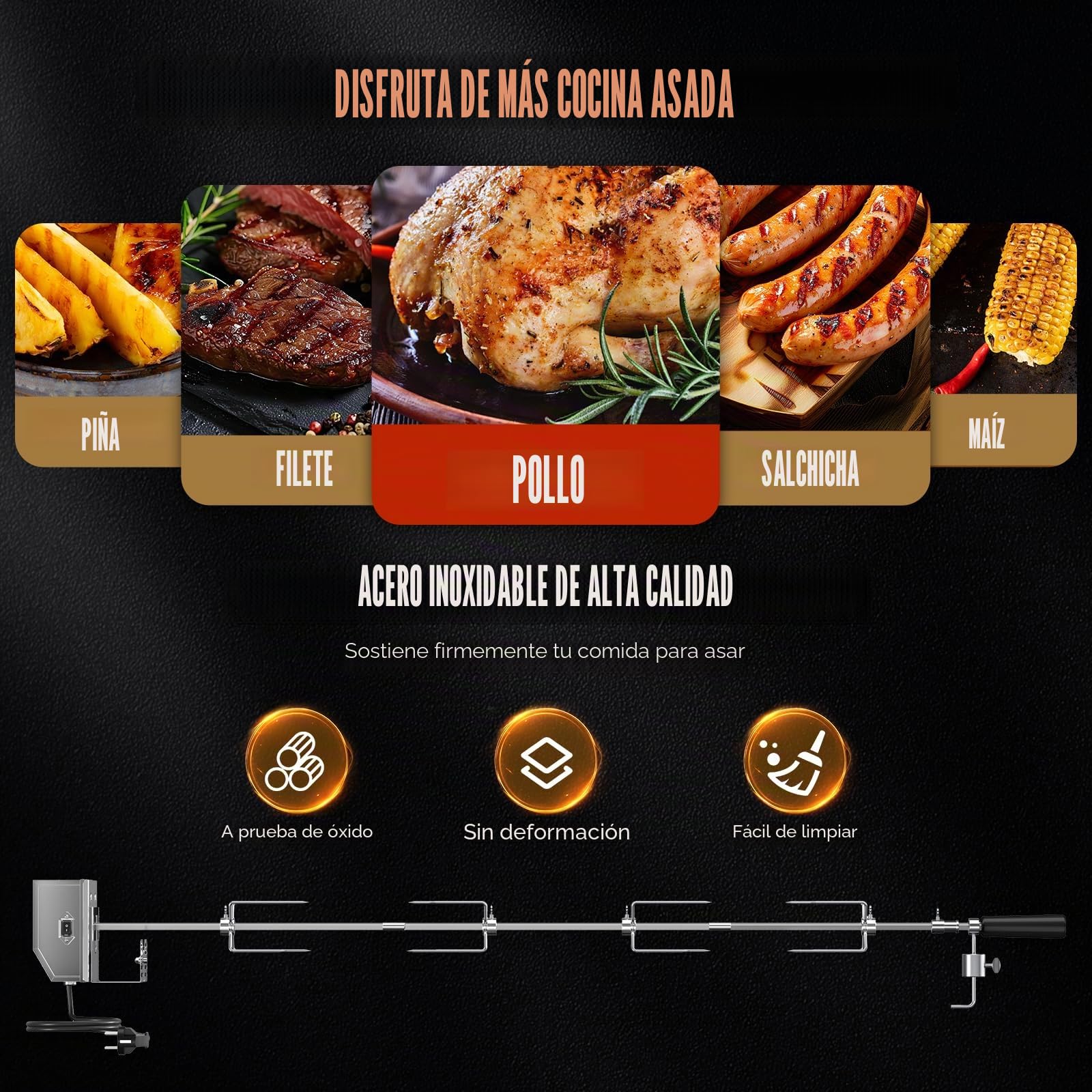 Universal asador Giratorio Barbacoa 3X Pinchos, Agujas y Motor de Acero Inoxidable Longitud Ajustable 56-134cm 3RPM Parrilla Barbacoa giratoria