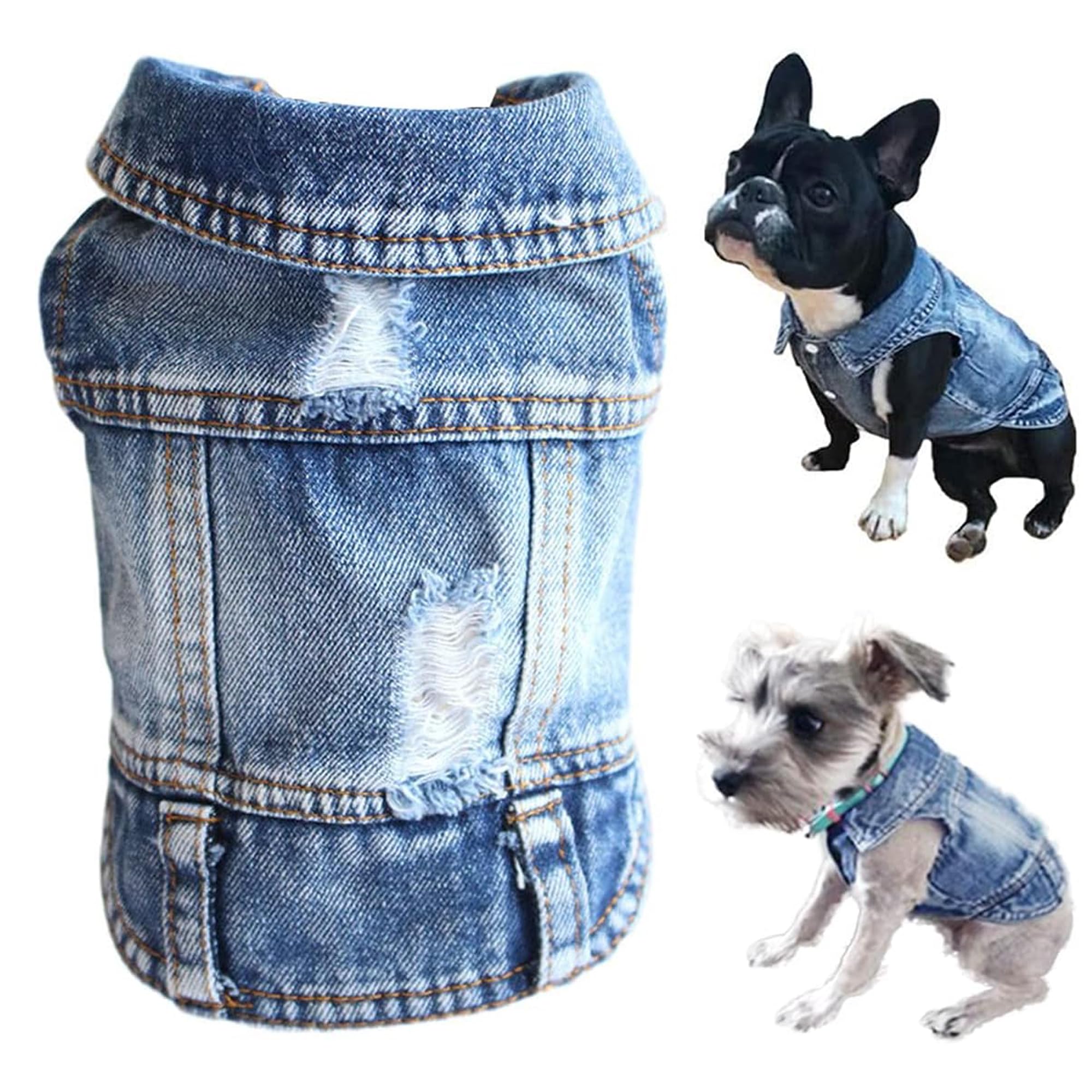 Jean Jacket, Puppy Blue Denim Lapel Vest Coat Costume, Dog T-Shirt Clothes, Cool and Funny Apparel Outfits, Machine Washable Pet Outfits for Small Medium Dogs Cats (XS) — image 1
