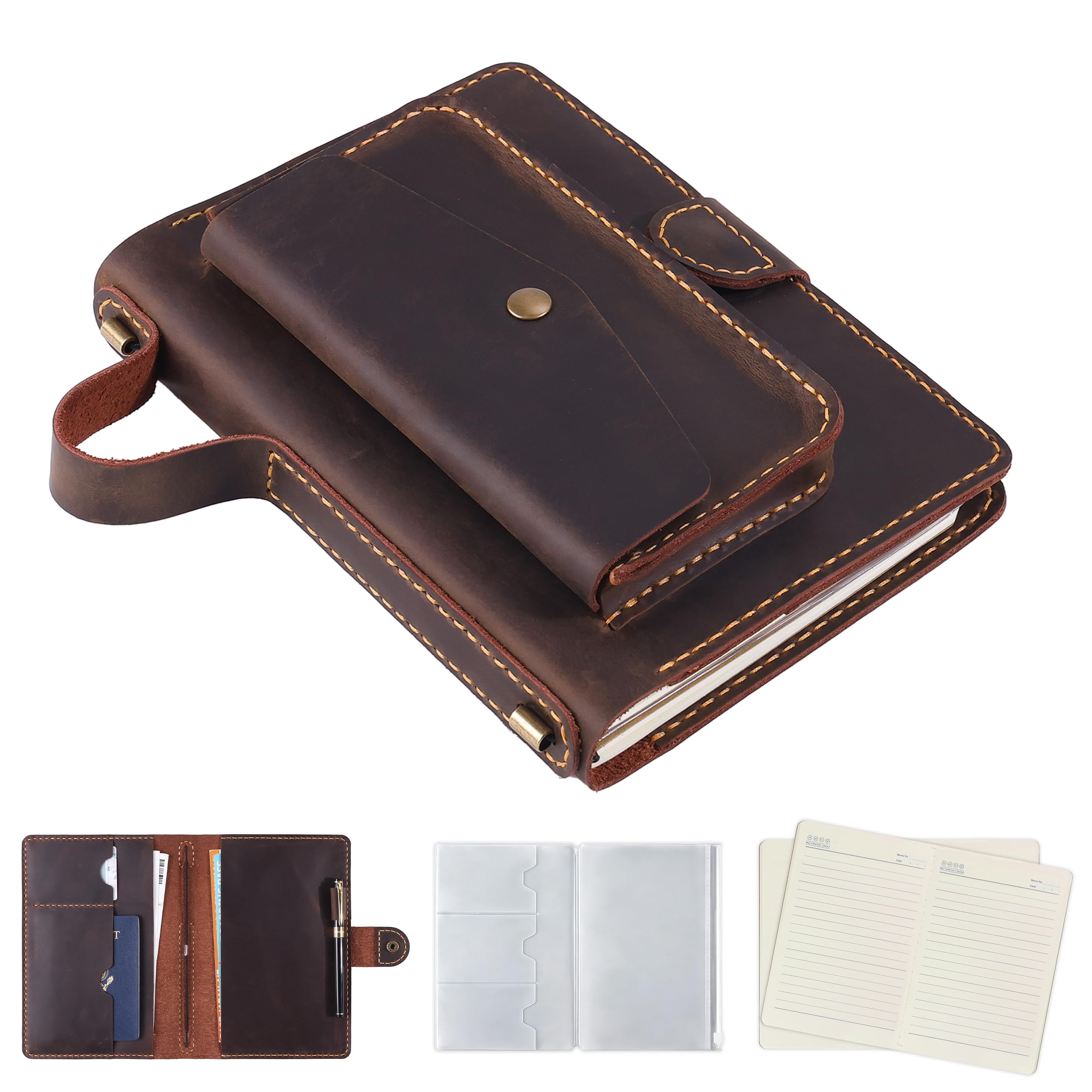 Diario in pelle, formato A5, ricaricabile, con tasche interne, passante per penna e scomparti per schede, diario di scrittura vintage realizzato a mano, per lavoro, viaggi di lavoro e pianificazione