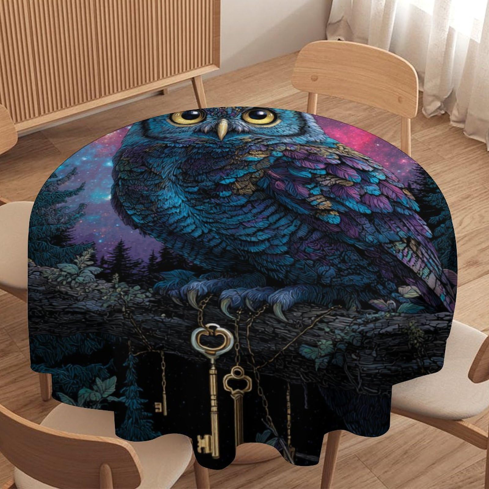 LUYYSKY Fantasy Abstract Cool Owl Waterproof Round Tablecloth Modern Oil Painting Starry Sky Galaxy Nebula Forest Animals Owl Washable Table Cover for Kitchen-177.8" Wx177.8 L cm