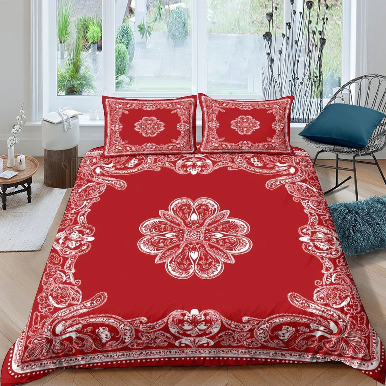 Ctjqhvkz Style-6 3D Printed Red Floral Fitted Sheet Microfiber Soft Breathable Paisley Bed Cover For Bedroom Guest Room Decoration Single（135X200cm）