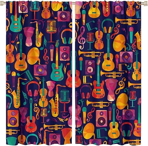 Miniatura 19 de Cortinas de música retro, notas musicales abstractas en blanco y negro, con bolsillo para barra, cortinas opacas para ventana para sala de estar,