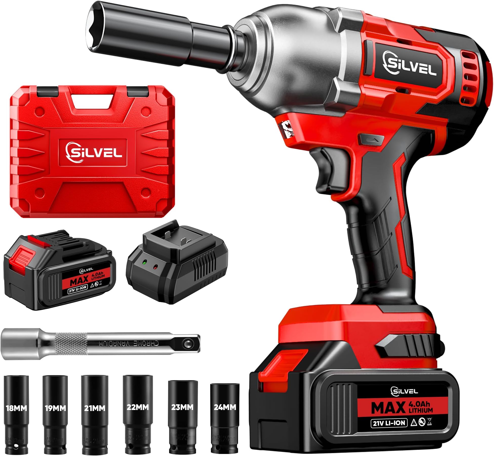 SILVEL Cordless Impact Wrench, MAX 650N.M Brushless Impact Gun 1/2 inch, 4.0Ah Battery, 6 Sockets, 3300RPM Impact Driver wih Fast Charger